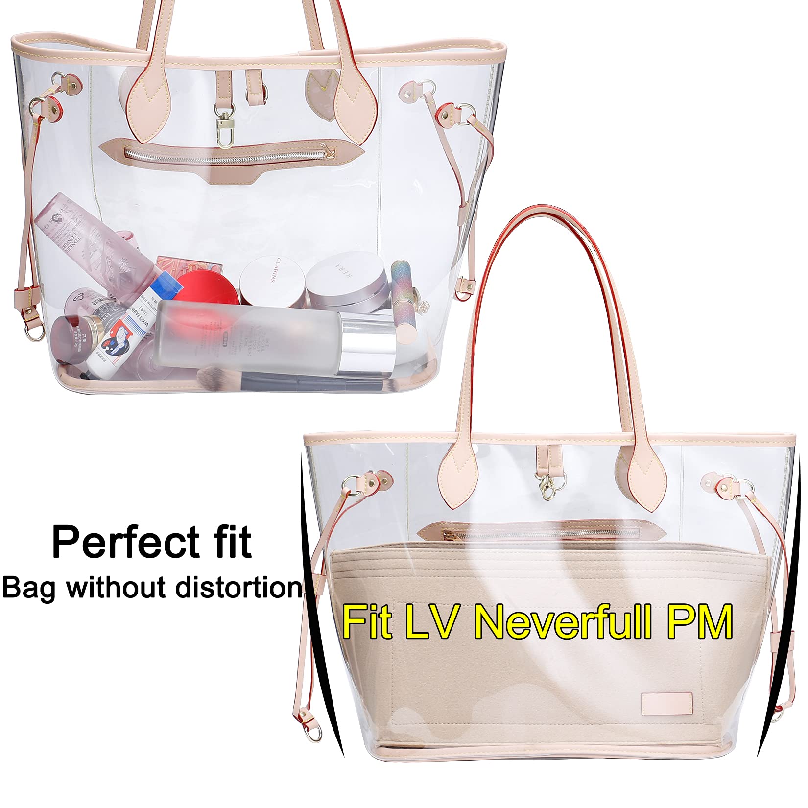 Doxo Purse Organizer Insert, Felt Bag Tote Fit L Speedy 30 Neverfull PM & Base Shaper 2pc Set (Medium-Beige-Combination)