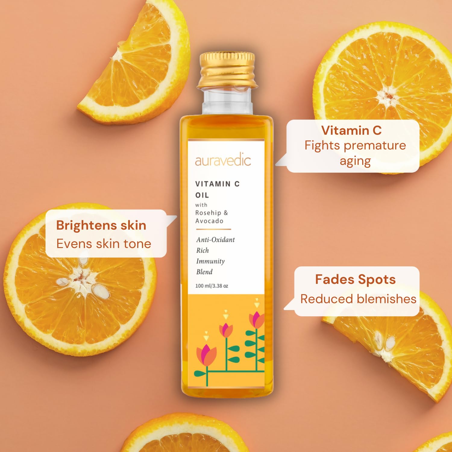 Auravedic Vitamin C Face Oil | with Rosehip, Avocado and Vitamin E | Natural & Organic Skin Moisturizer | Ayurvedic Facial Massa