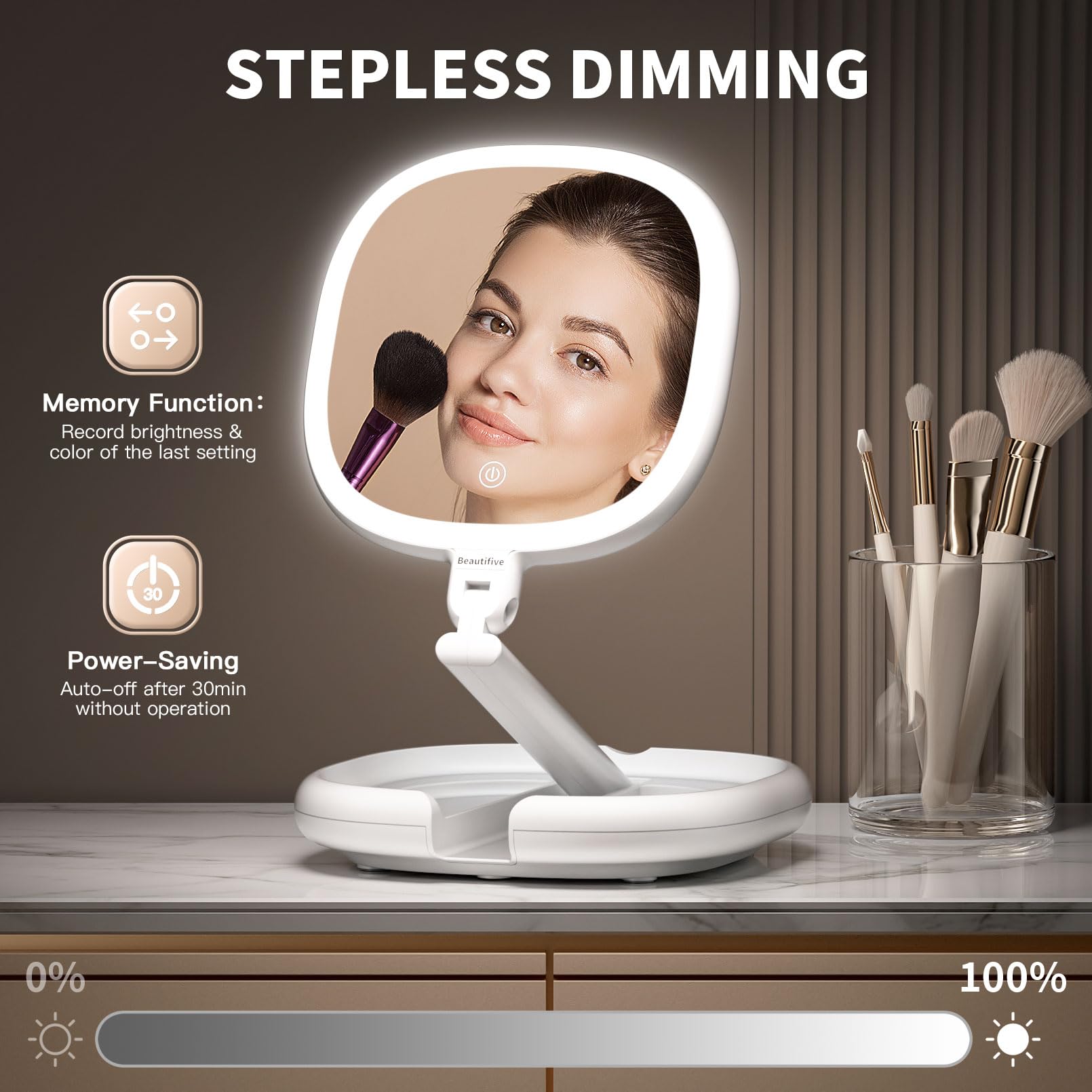 Lighted Makeup Mirror, Beautifive Vanity Mirror With Lights, Double Sided Magnifying Mirror, Brightness&Angle Adjustable, Foldin