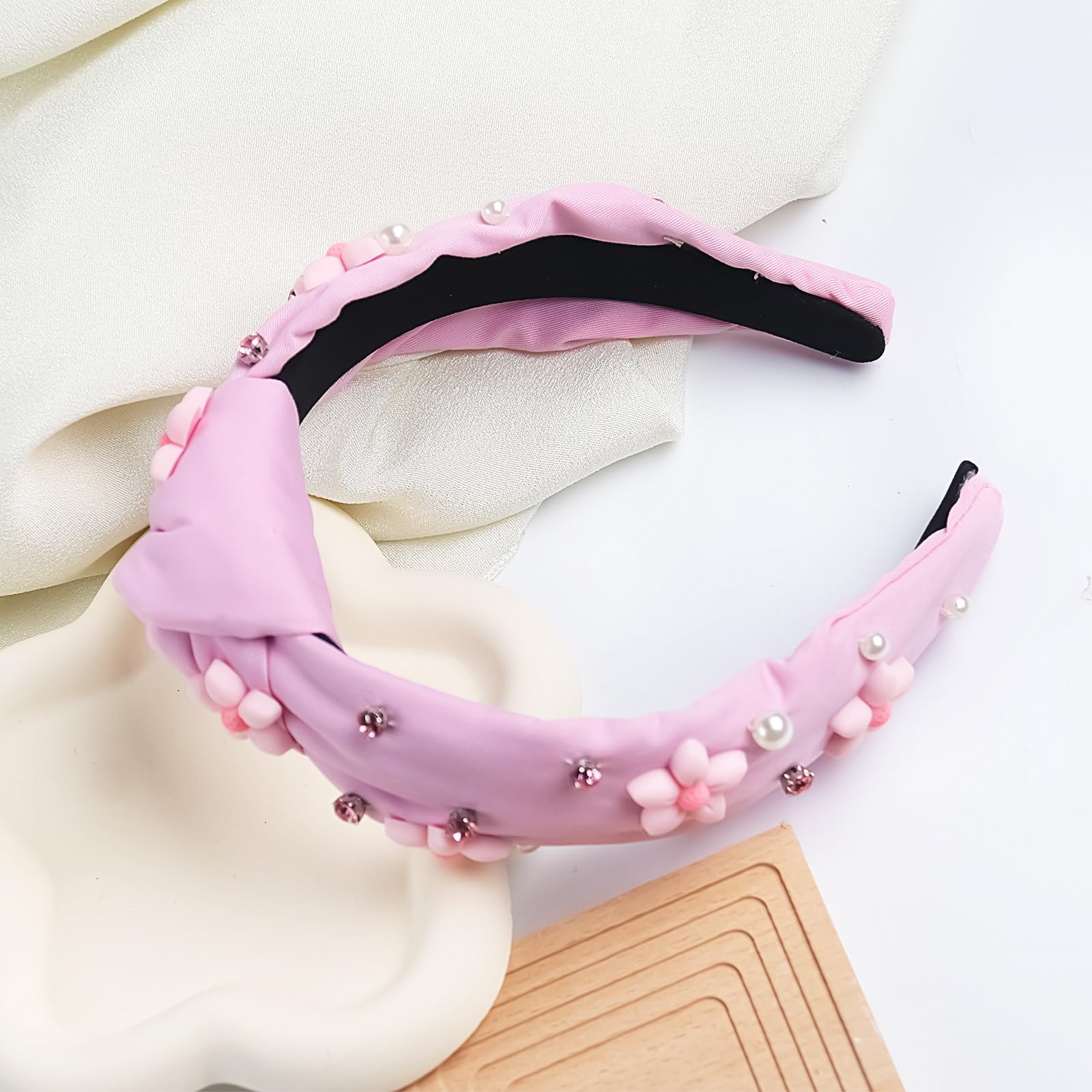 Rhinestone Knotted Headband for Women Girls, Pink Flower Jeweled Headband Sparkly Pearl Beaded Hair Hoop Cute Knot Hairband Fash