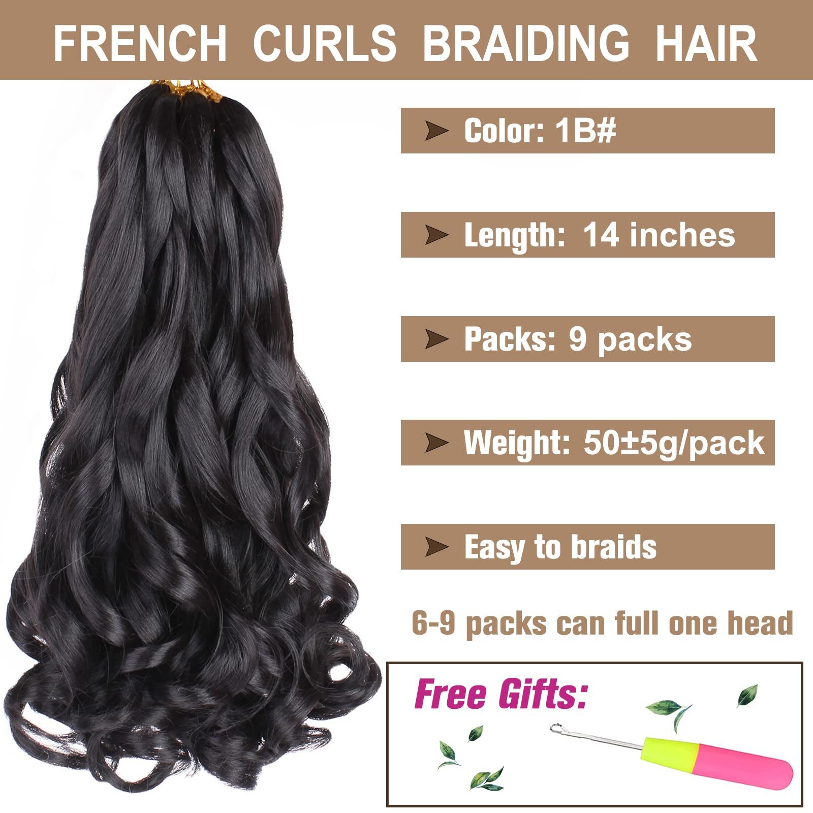 Cookoo 9 Packs French Curly Braiding Hair 14 Inch Natural Black Pre Stretched Bouncy Braiding Hair Loose Wavy Crochet Braids Hai