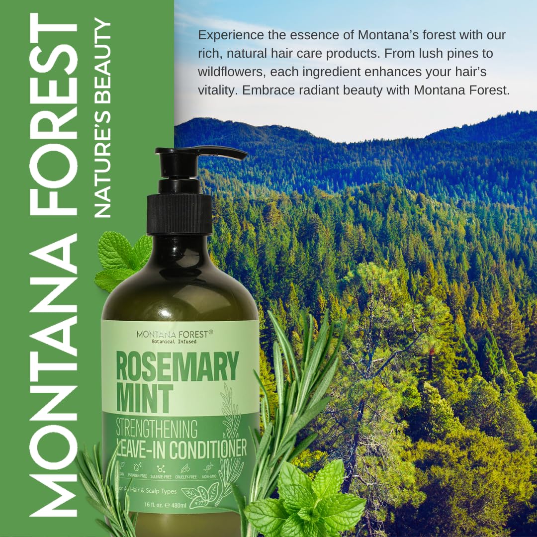 MONTANA FOREST Rosemary Mint Strengthening Leave-In Conditioner - 16 fl oz | Natural Botanical Hair Care | Nourishing and Streng