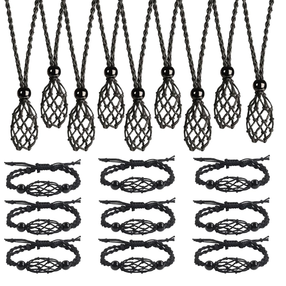 VNVETYTO 18 PCS Crystal Cage Necklace & Bracelet Holder - Hand-Woven Cord with Adjustable Length (9 Black Necklaces + 9 Black Br