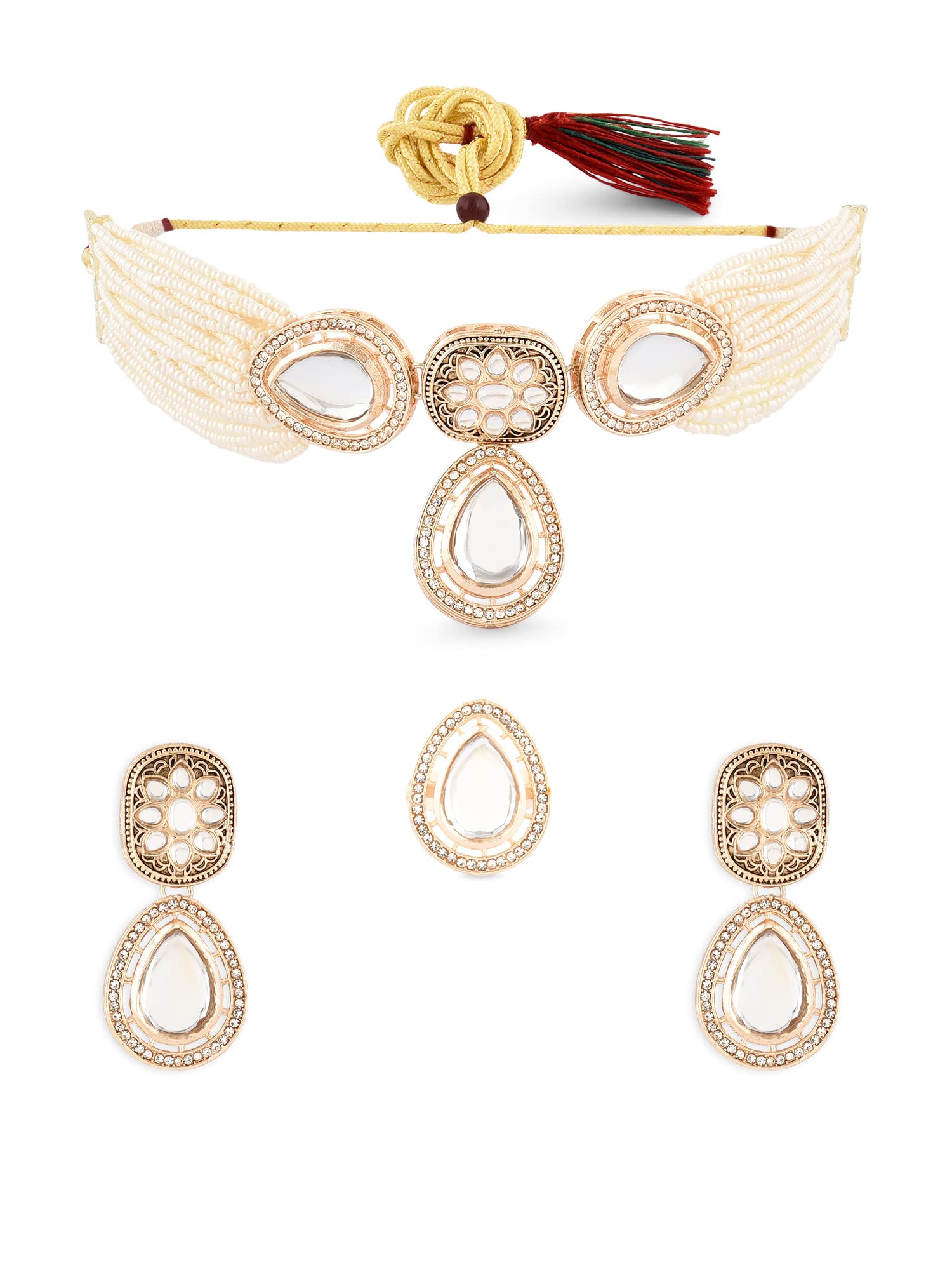 [ZAVERI PEARLS] Gold Tone Multi Strand Beaded Kundan Choker Necklace Earrings & Ring Set for Women ZPFK16078, Onesize, Metal, Pe