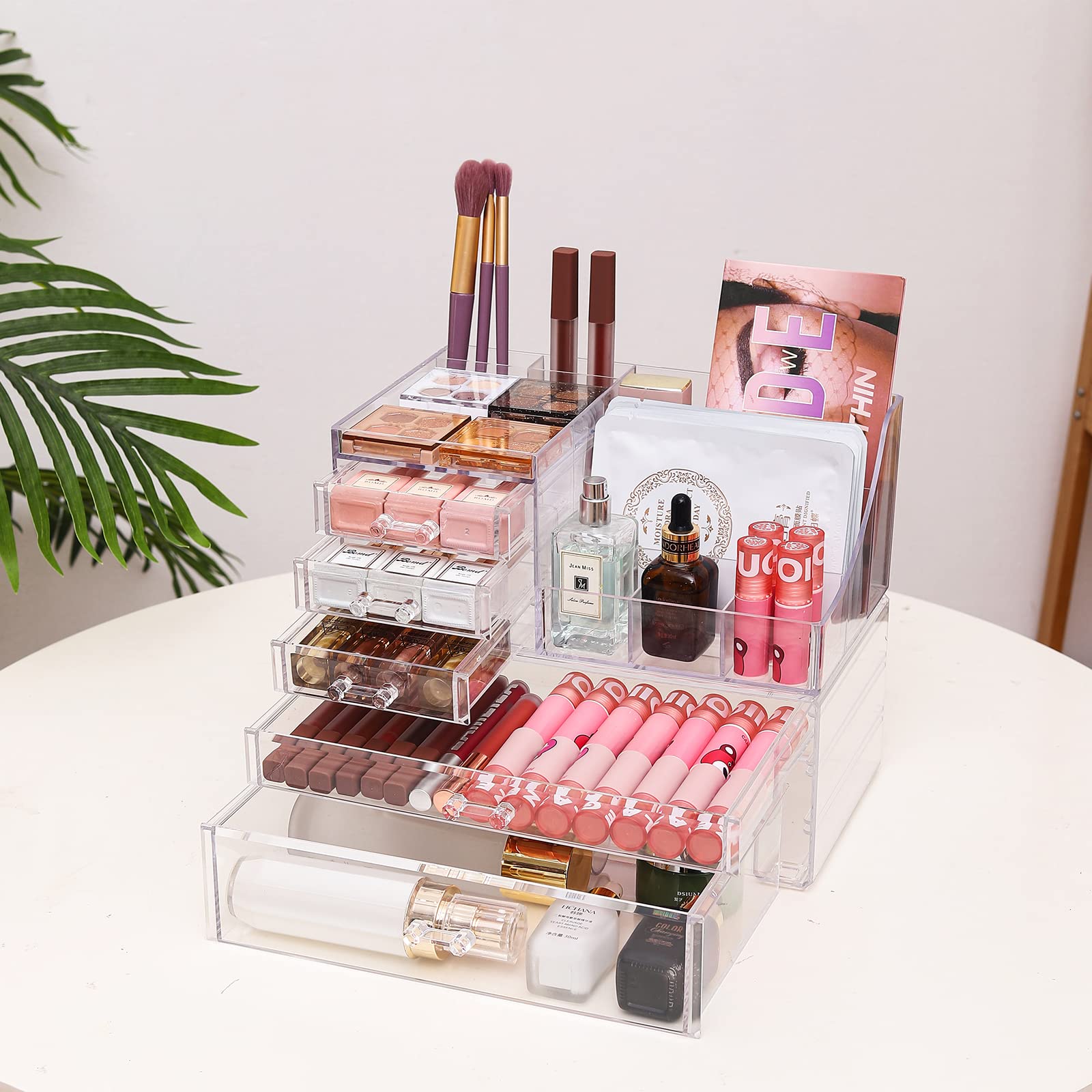 Cq acrylic 2 Pack Clear Make Up Organizers for Vanity,Stackable 5 Drawers Make Up Organizer,Cute Desk Organizer for Vanity Jewel