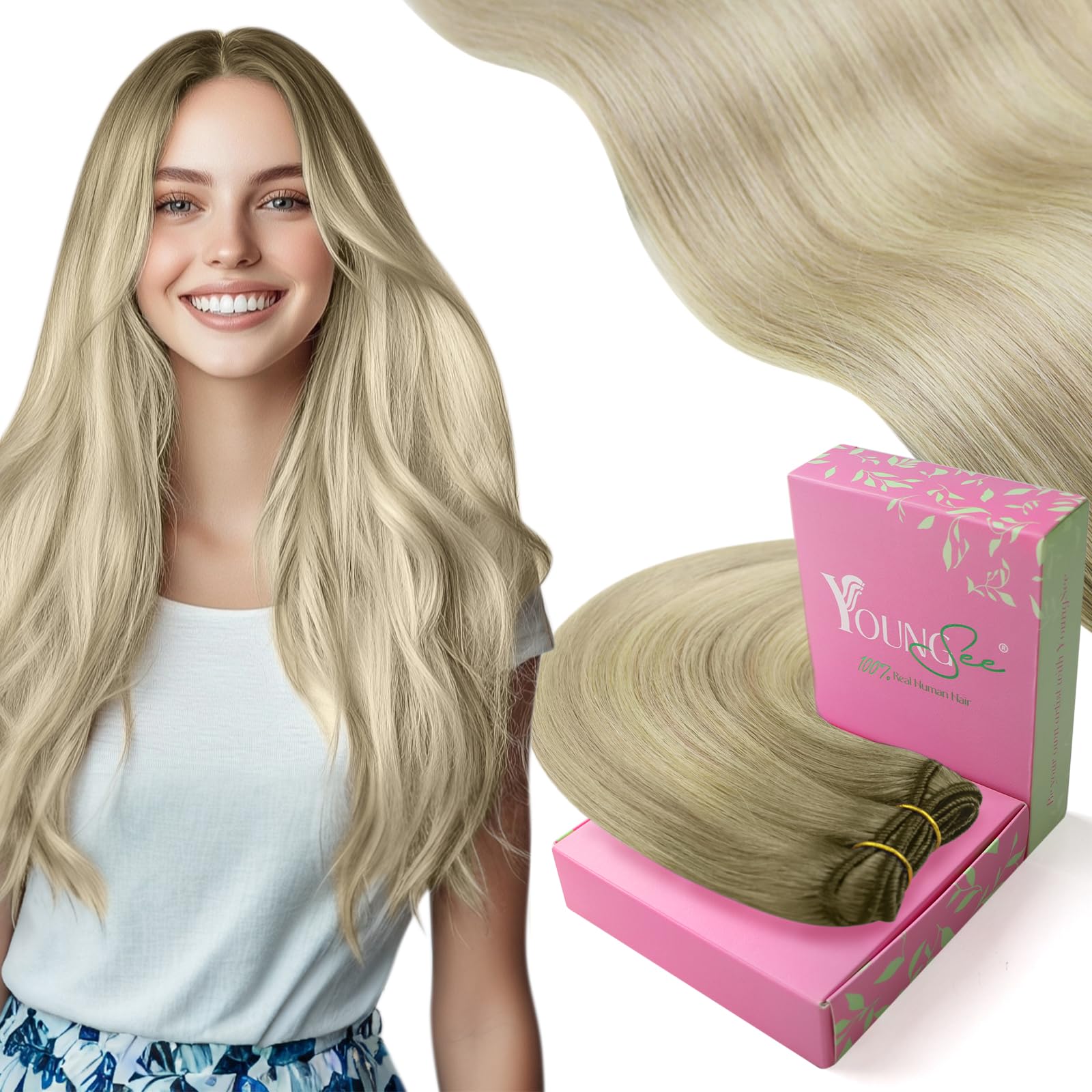YoungSee Weft Extensions Ombre Blonde Weft Soft and Silky Sew in Hair Extensions Ash & Sunkissed Blonde Offer Most Natural Look 