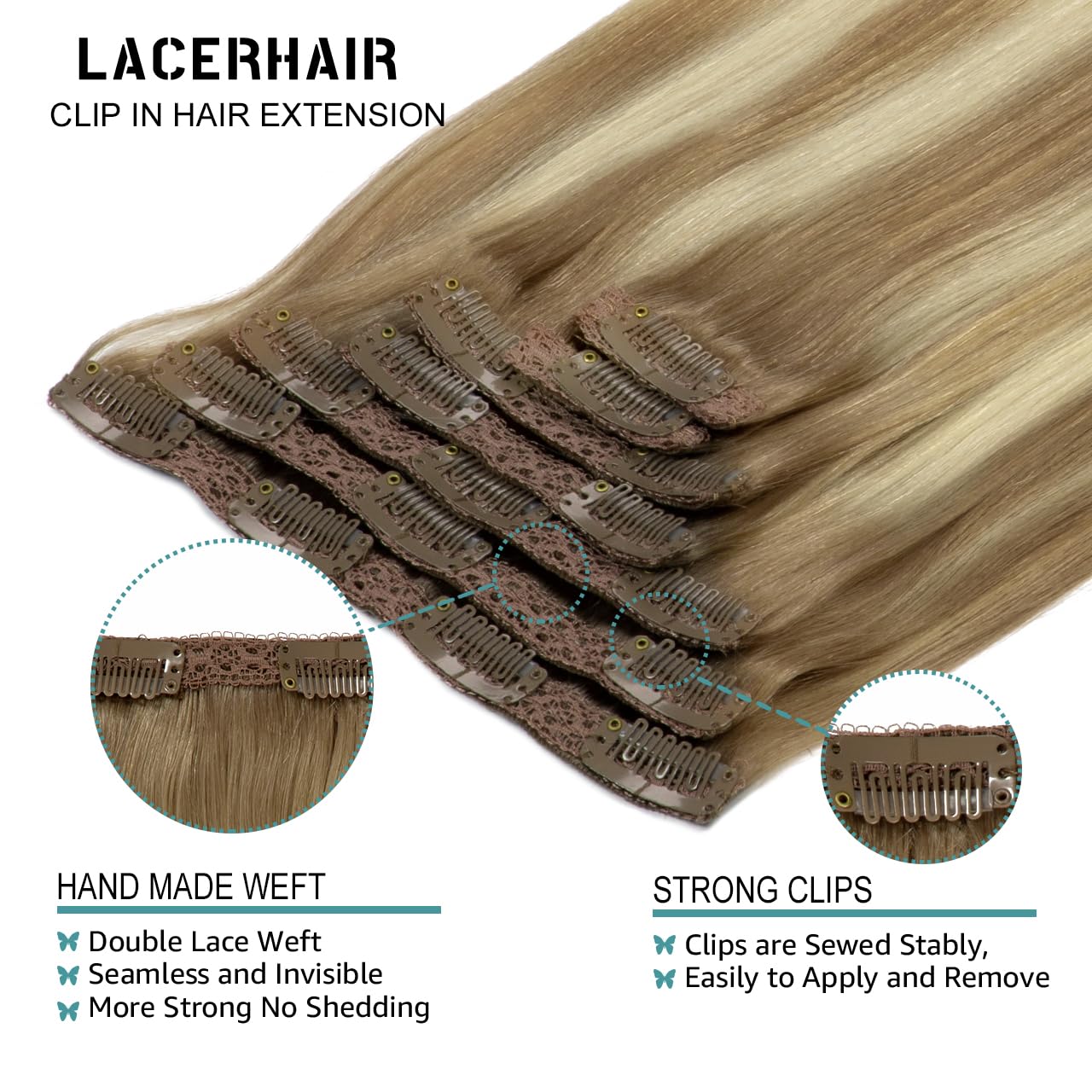 Lacer Balayage Clip In Hair Extensions B#8/60 Light Brown Fading To Platinum Blonde Color Remy Human Hair Extensions Clip In Rea