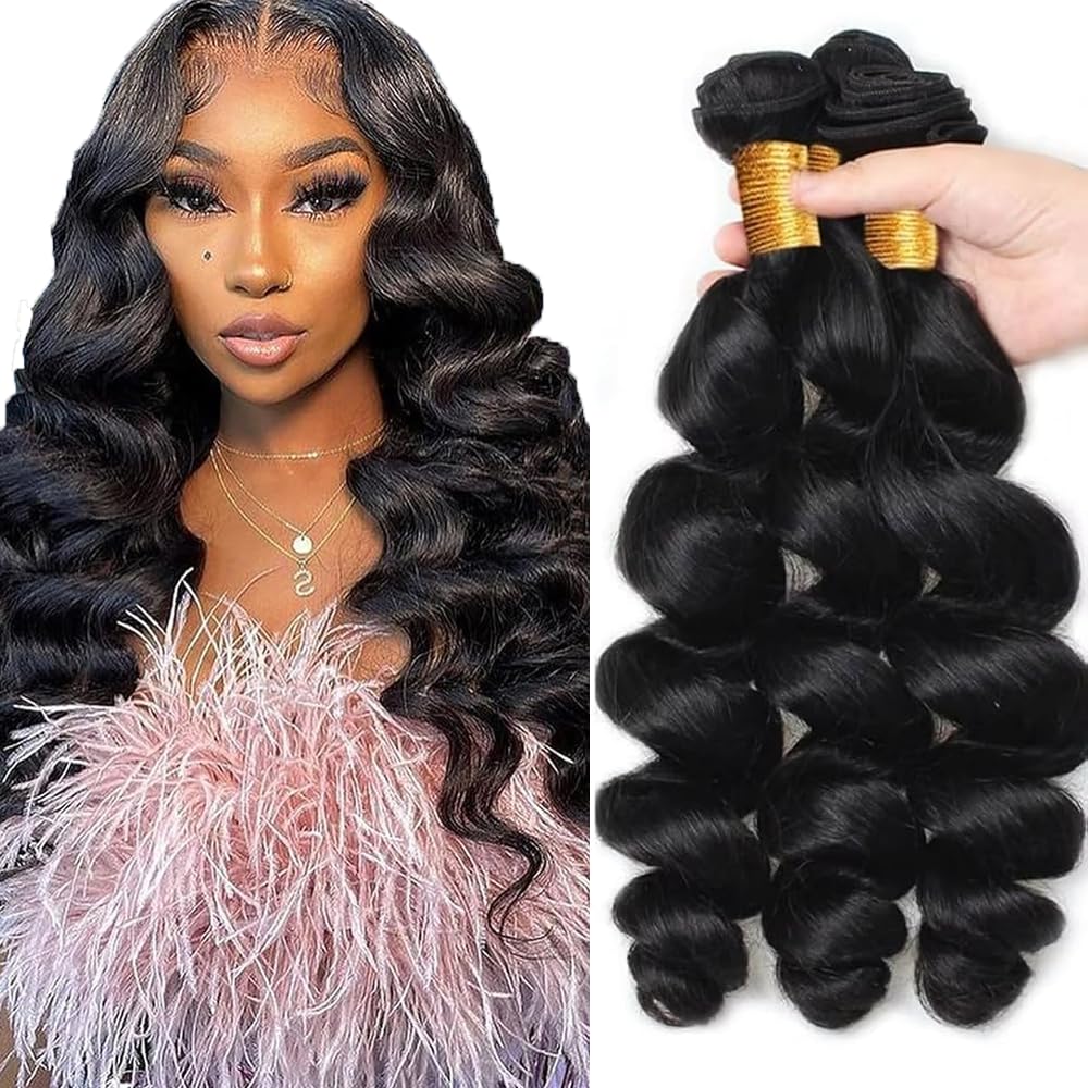 Human Hair Bundles Loose Wave Bundles 12 14 16 Inch Unprocessed Brazilian Virgin Hair #1B Natural Color Loose Deep Wave Bundles 