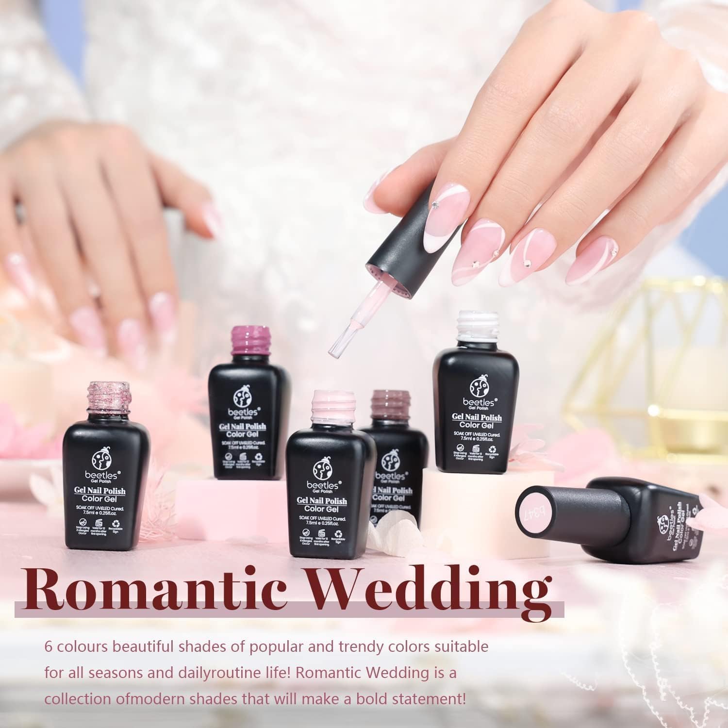 Beetles Romantic Wedding Gel Nail Polish Set 6 Colors Classic French White Soft Pink Glitter Bridesmaid Gel Polish Kit Nail Art