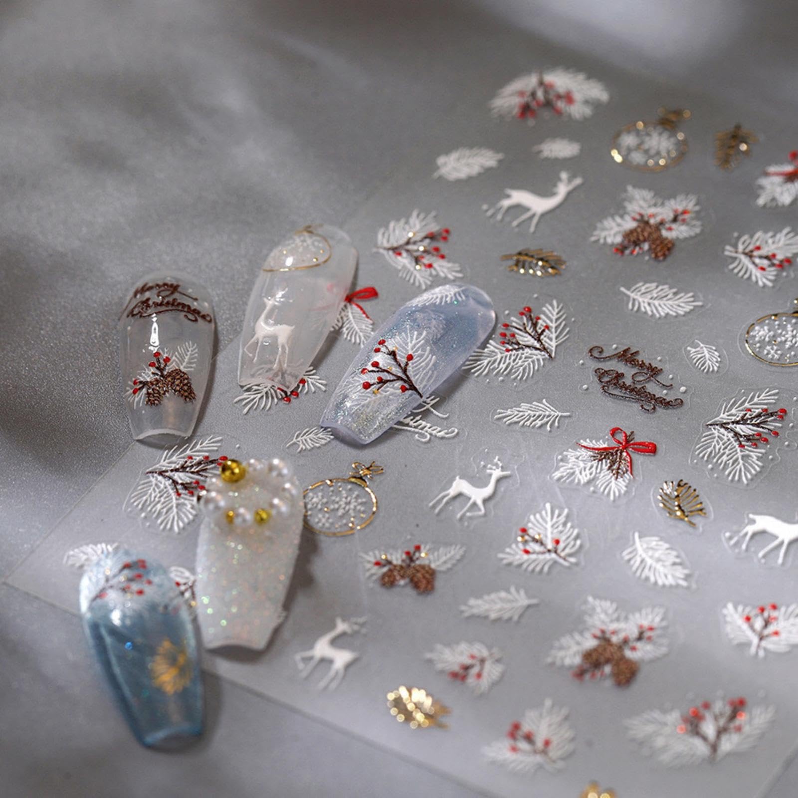 Christmas Nail Art Stickers 5D Embossed Elk Nail Stickers Cute Self-Adhesive Snowflake Feather Leaf Xmas Nail Decals Decoration
