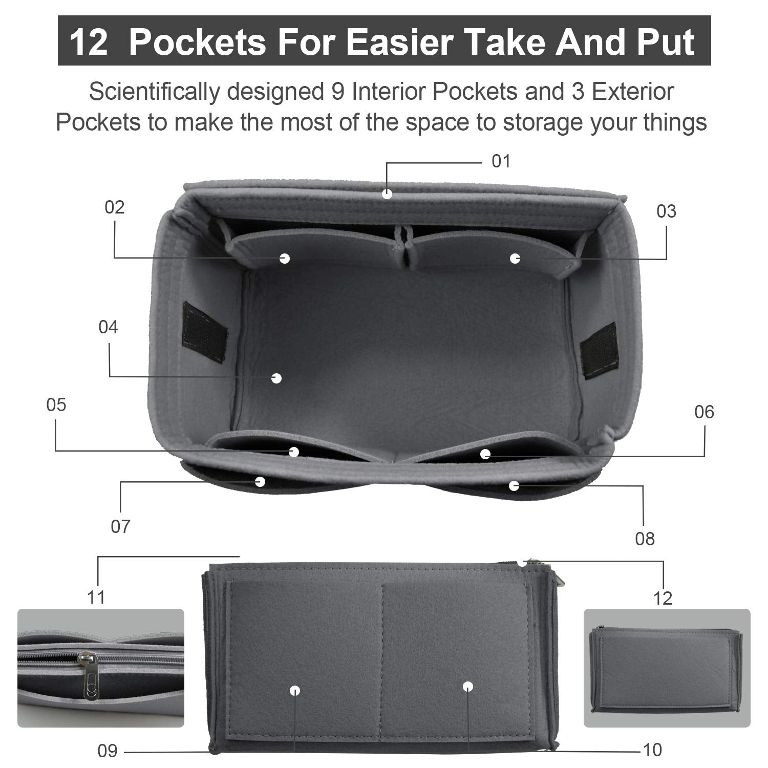 OMYSTYLE Darkgrey X-Large Purse Organizer Insert for Handbags, Felt Bag Organizer for Tote & Purse, Tote Bag Organizer Insert wi