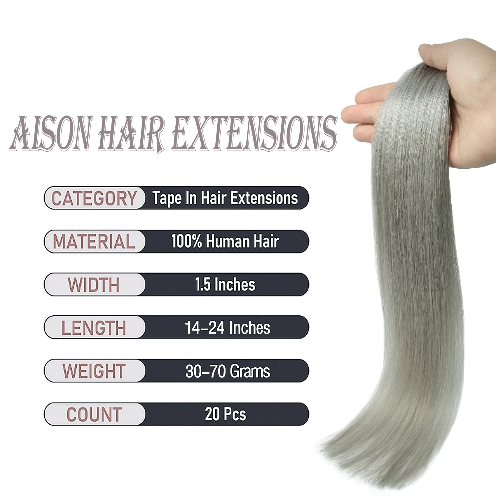 Silver Gray Tape In Hair Extensions Real Human Hair Extensions Silky Straight For Fashion Women 20 Pcs/Package(16Inch #Sliver Gr