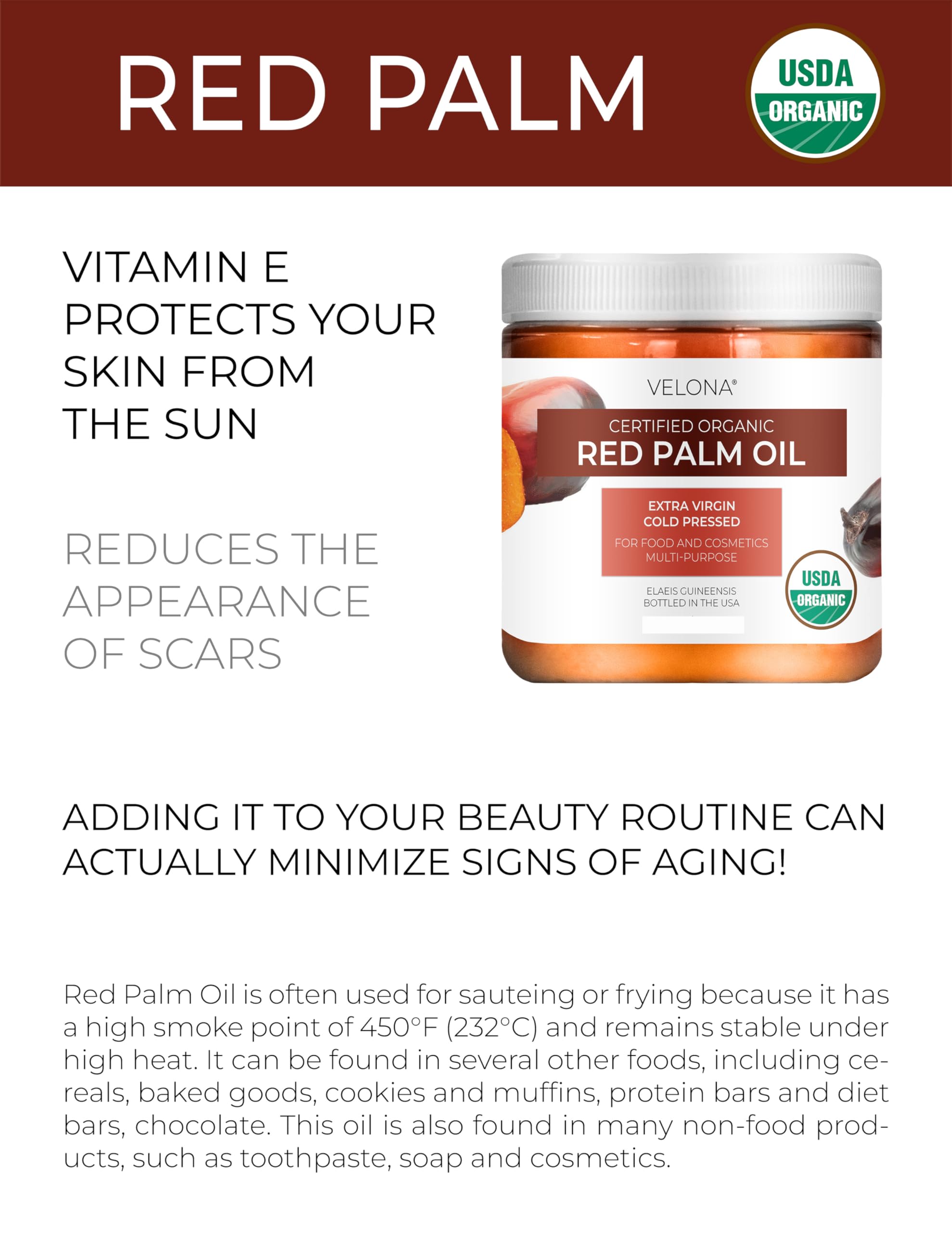 velona USDA Certified Organic Red Palm Oil 4 Fl Oz | Food and Cosmetic Grade | in jar | Extra Virgin, Cold Pressed | Skin, Face,