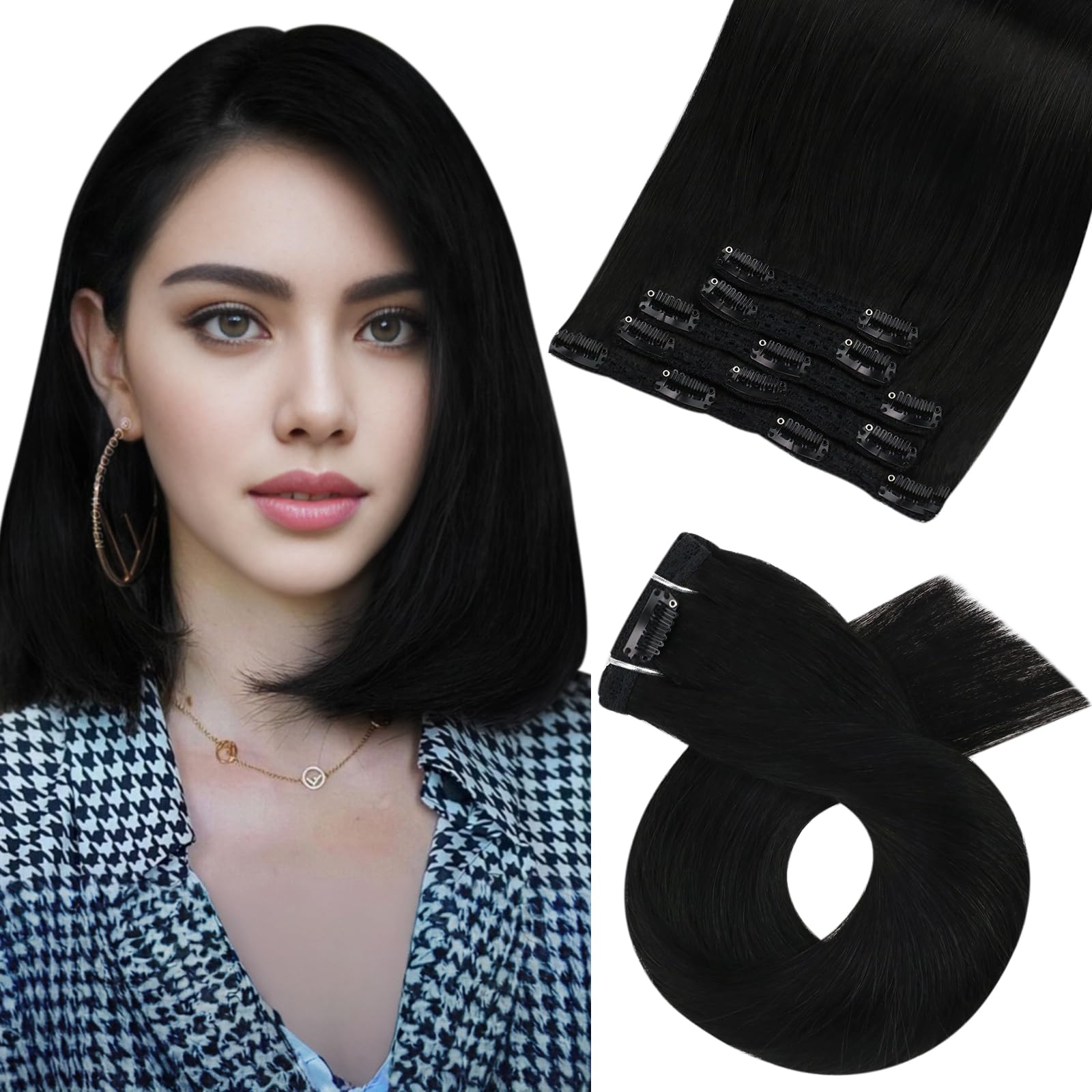 Moresoo Black Hair Extensions Clip In Human Hair Jet Black Double Weft Clip In Human Hair Extensions For Women Silk Straight Jet