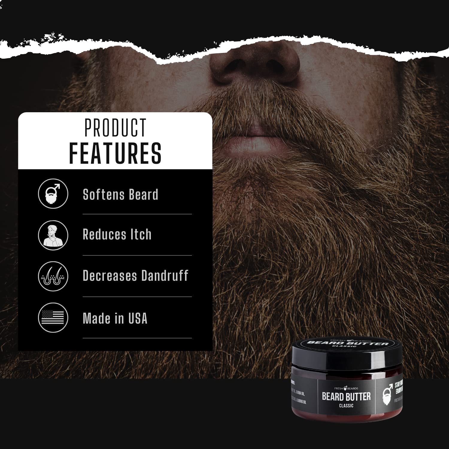 Fresh Beards Classic Beard Butter, 4 Fl Oz - Natural Mens Beard And Mustache Conditioner - Soothing Anti-Itch Moisturizer And So