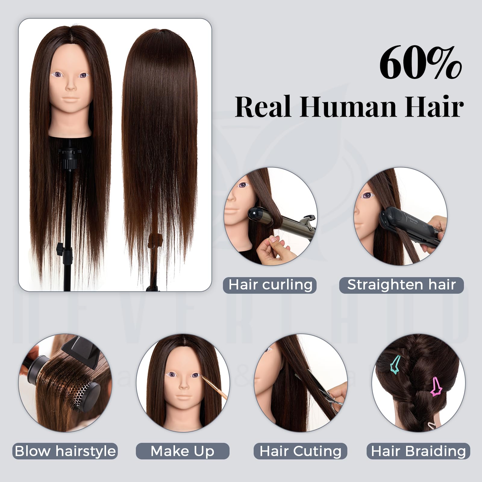 Neverland Beauty & Health 28 Inch Mannequin Head, 80% Real Human Hair, Brown, with Tripod Stand & DIY Hair Styling Set #4