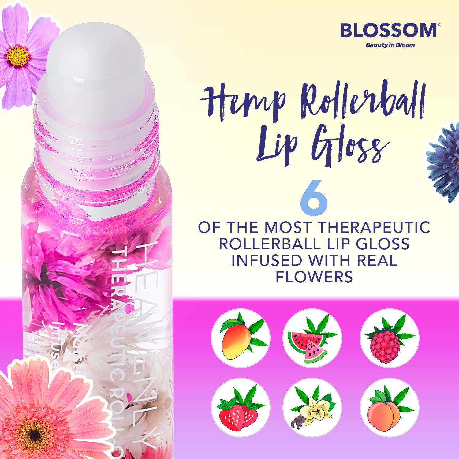 Blossom Scented Heavenly Hemp Therapeutic Roll On Lip Gloss, Infused With Real Flowers, Made In Usa, 0.20 Fl. Oz./5.9Ml, Waterme