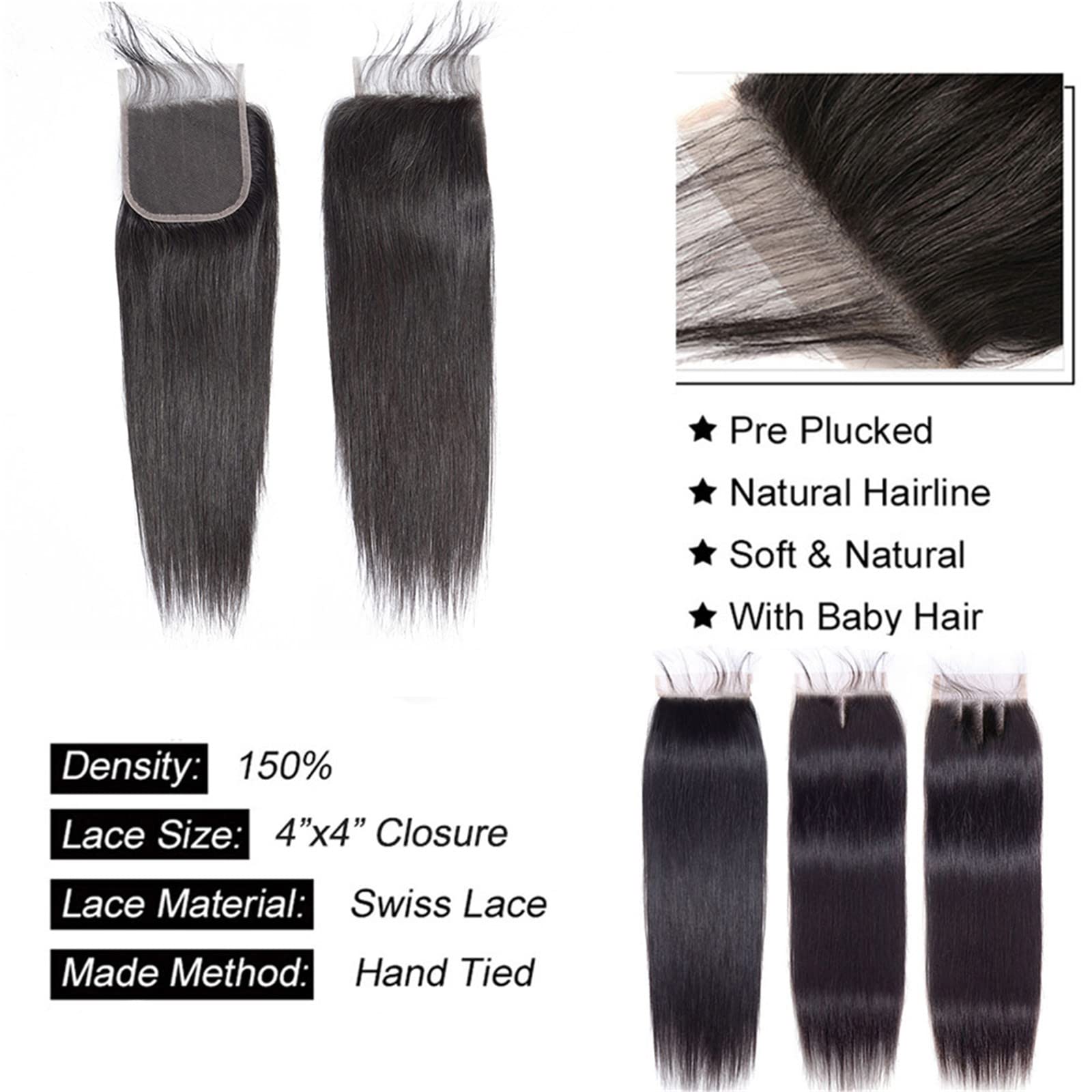 Kapelli Hair Brazilian Virgin Hair Straight Hair Bundles With Closure 12 14 16+10 Inch 10A Straight Human Hair Bundles With Tran
