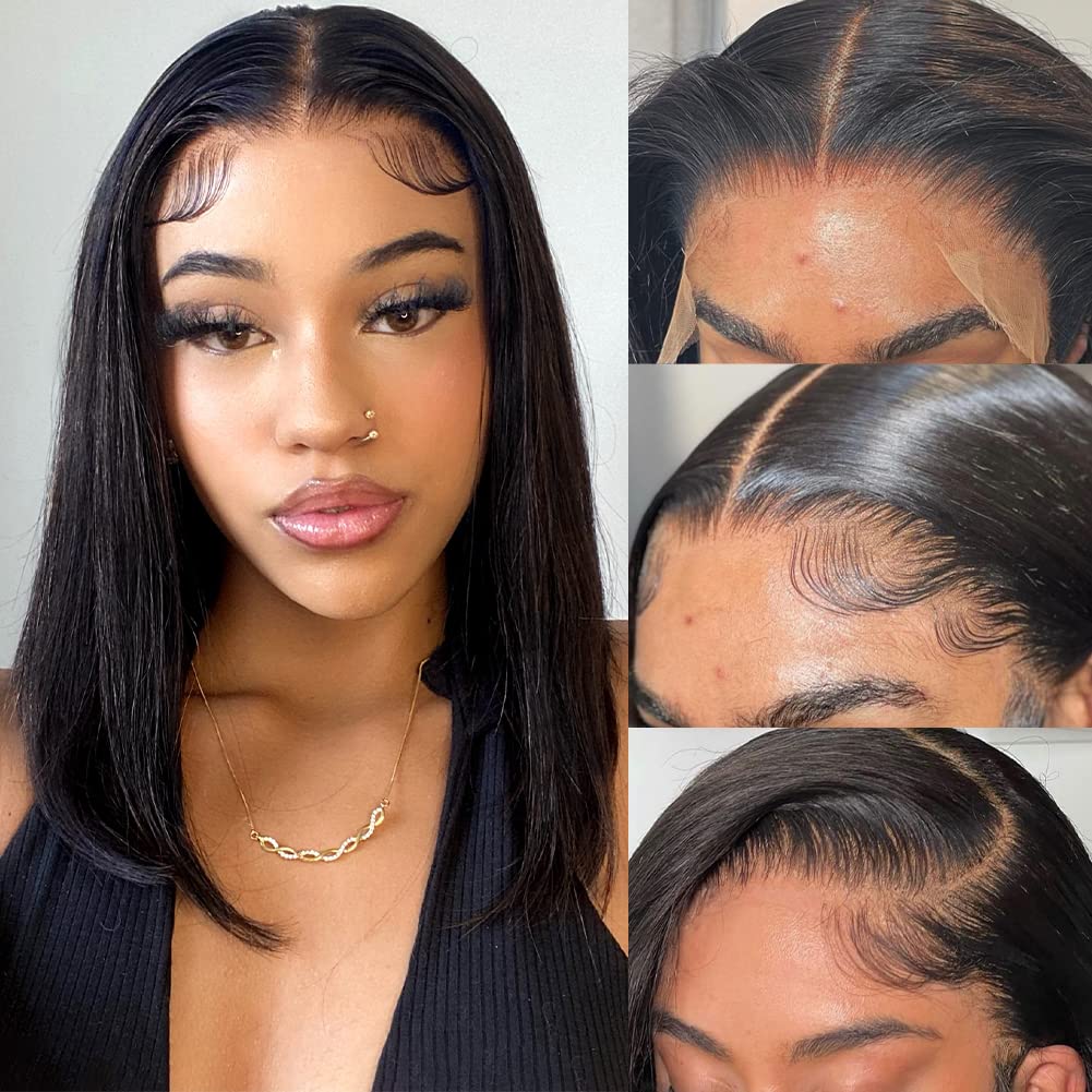 Flady 14 inch Bob Wig Human Hair 13x4 HD Lace Front Wigs Human Hair Pre Plucked 150% Density Straight Human Hair Bob Wig Glueles