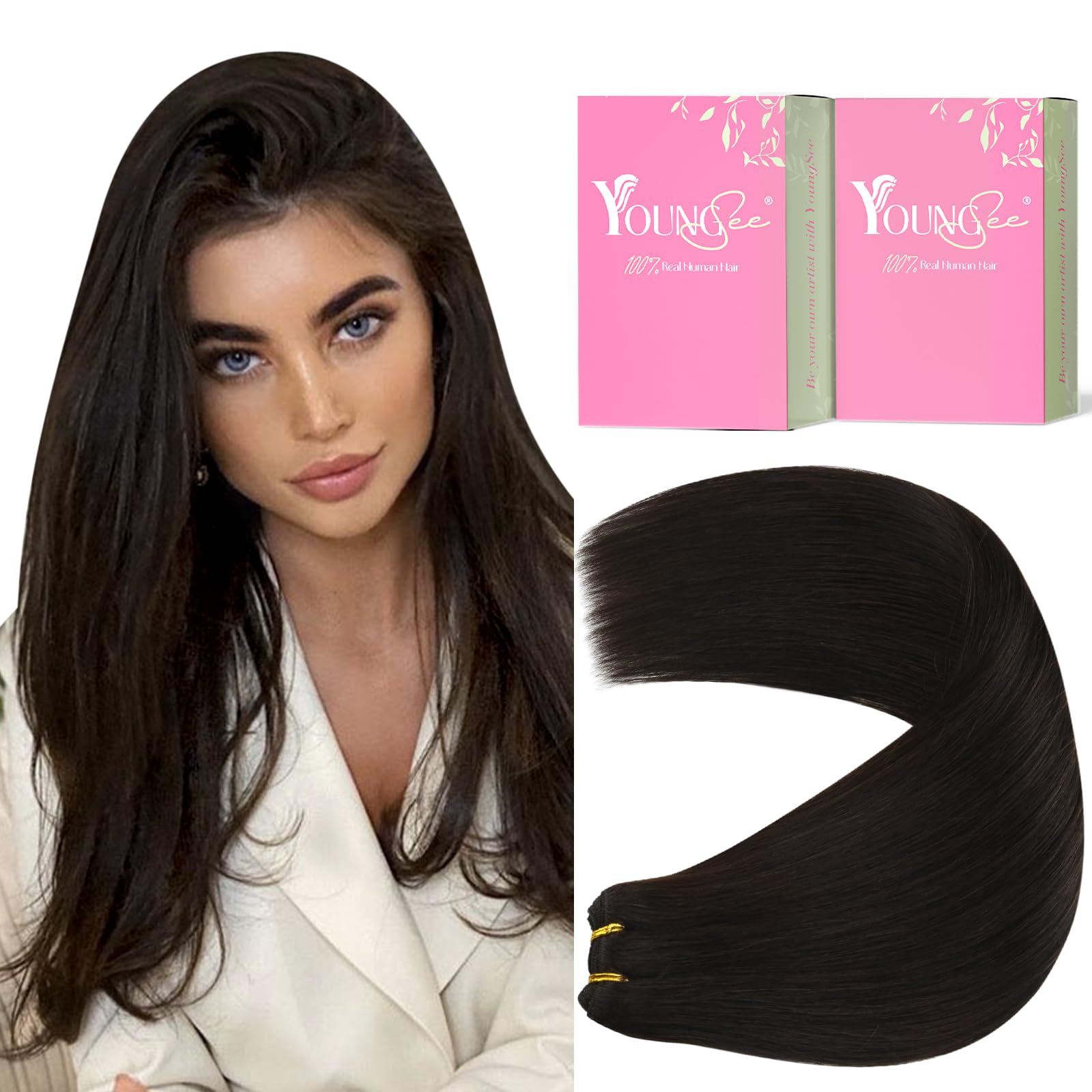 YoungSee Sew in Hair Extensions Human Hair Brown Darkest Brown Weft Extensions Smooth Weft Reduces Combing and Pulling 22Inch 10