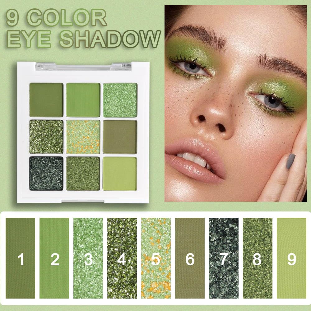 Green Glitter Shimmer Eye Shadow Makeup Palette 9 Colors,Light Bright Emerald Dark Avocado Neon Green Highly Pigmented Matte Gli