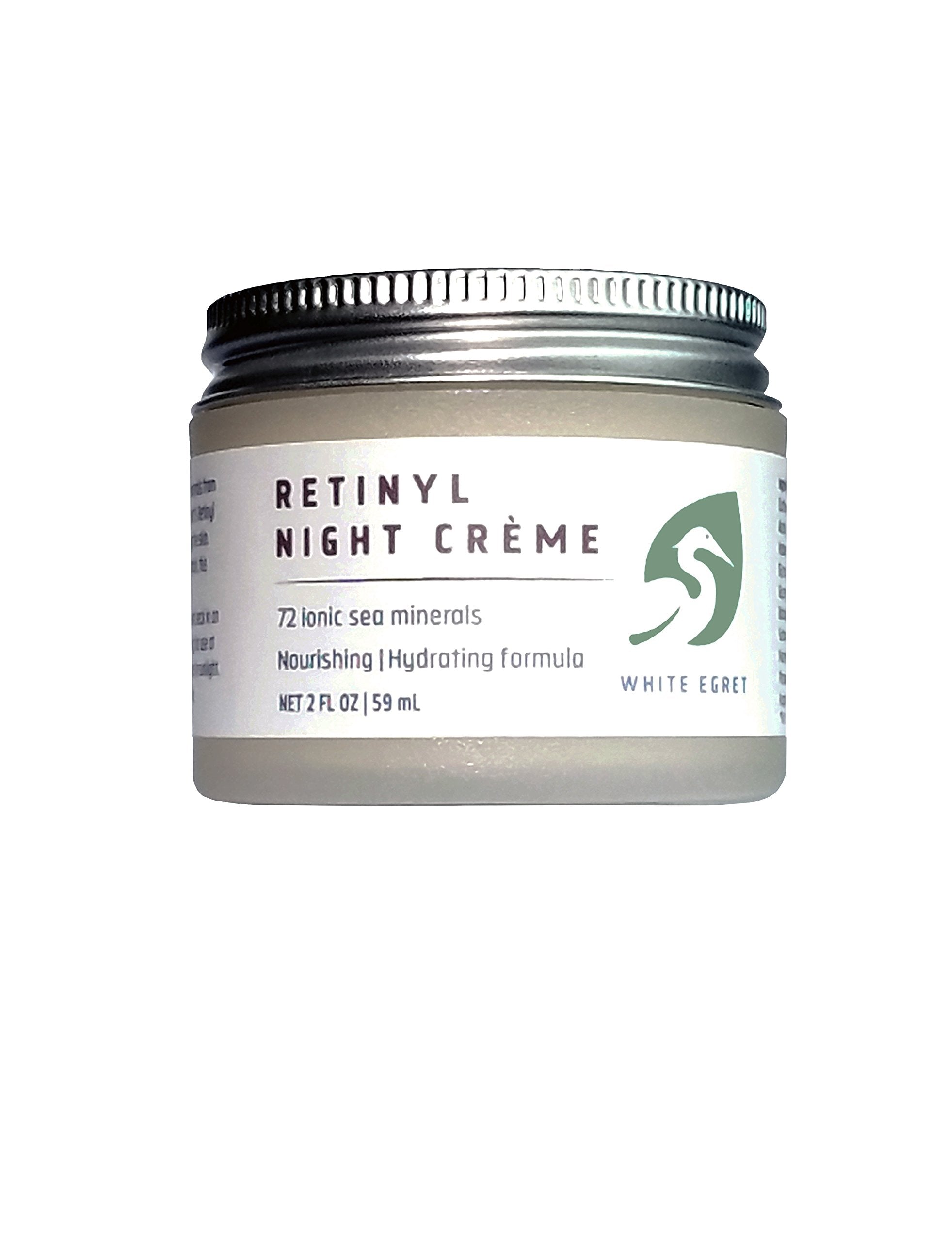 White Egret Retinyl Night Creme with 72 Ionic Sea Minerals for Nourishing, Hydrating, and Replenishing Skin, 2 fl. Oz
