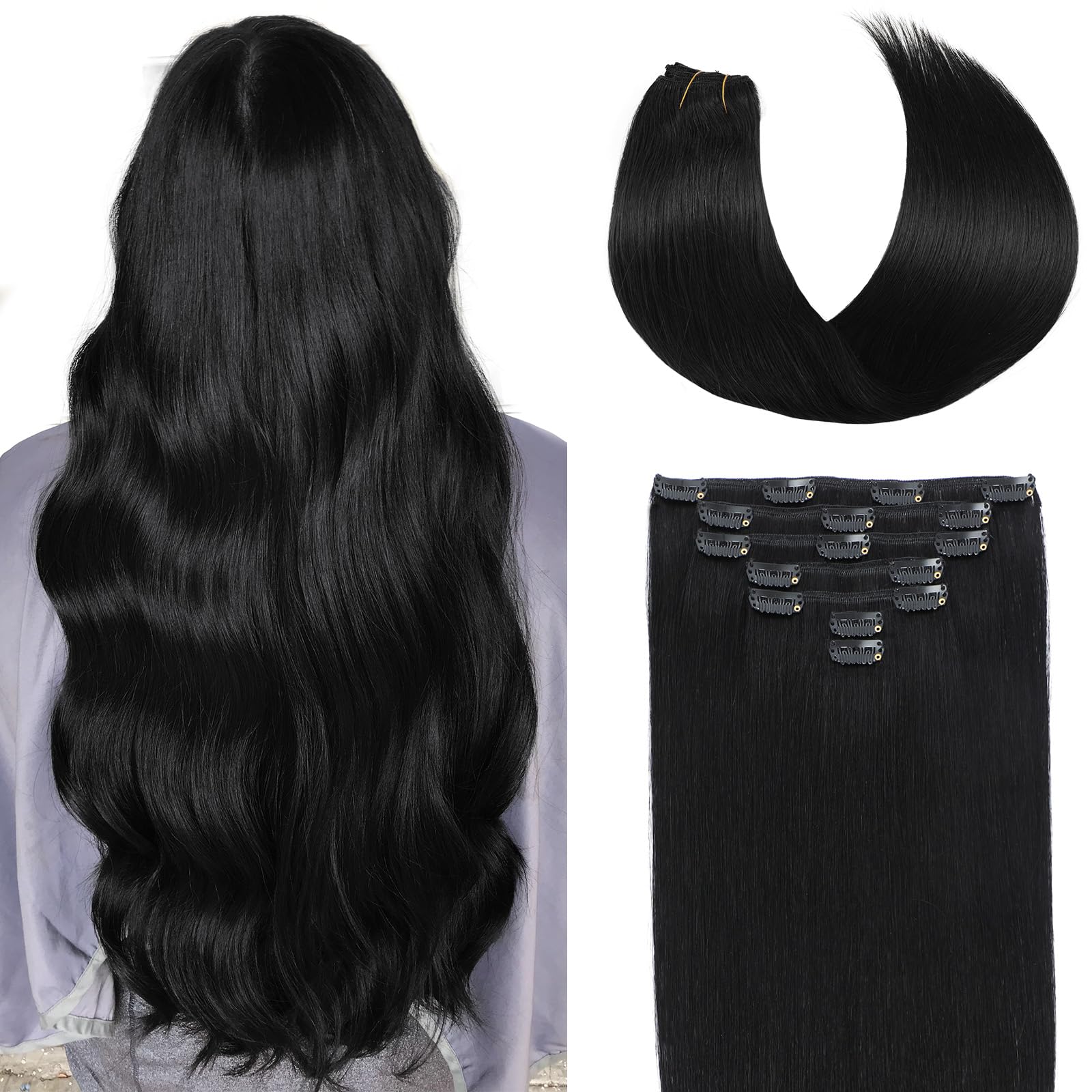 Befana Clip in Hair Extensions Real Human Hair,100% Remy Human Hair,7 Pcs 70g Natural soft Straight Double Weft Clip ins for Wom