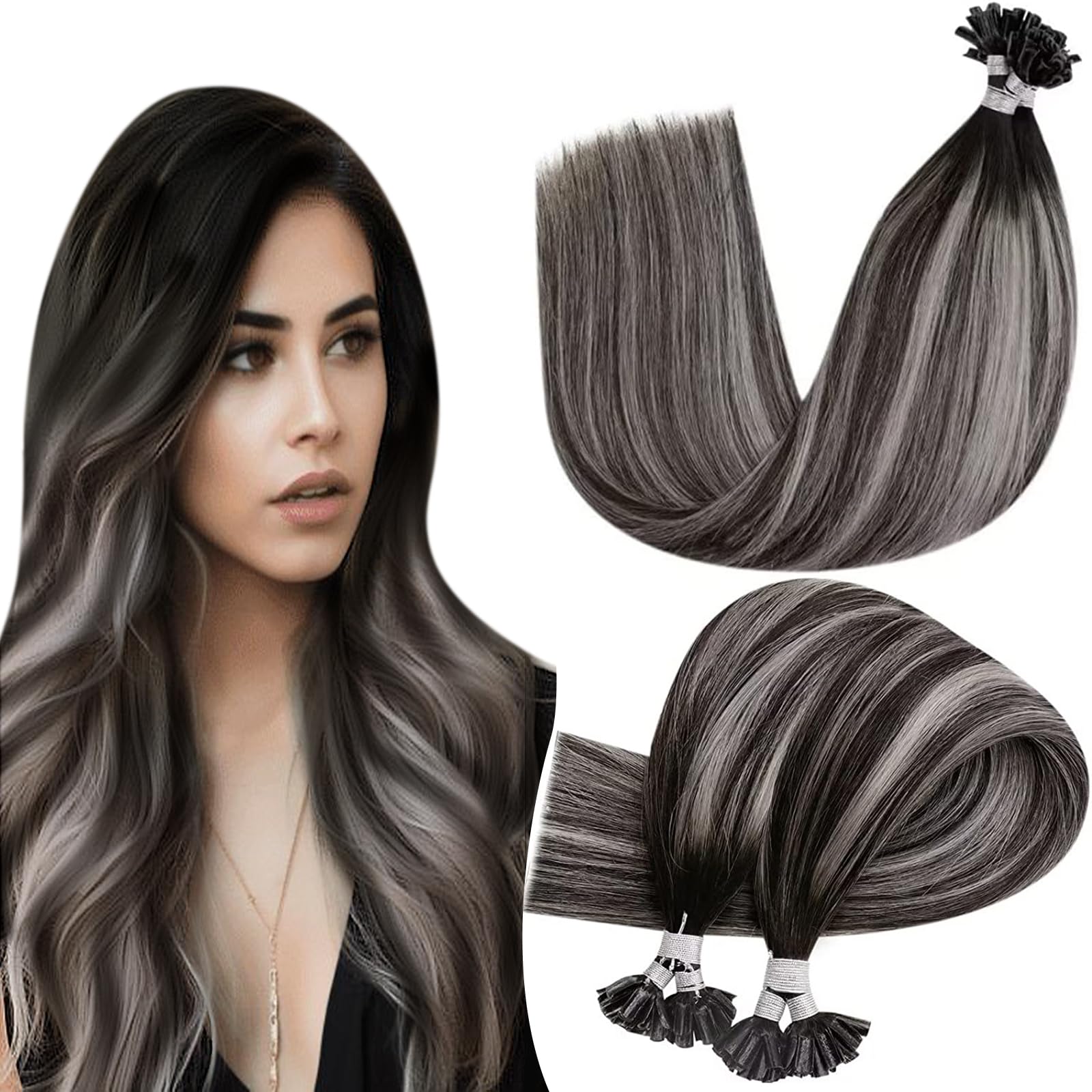 Hetto U Tip Hair Extensions Human Hair Black Ombre to Silver K Tip Hair Extensions Real Human Hair 14 Inch Keratin Tip Extension