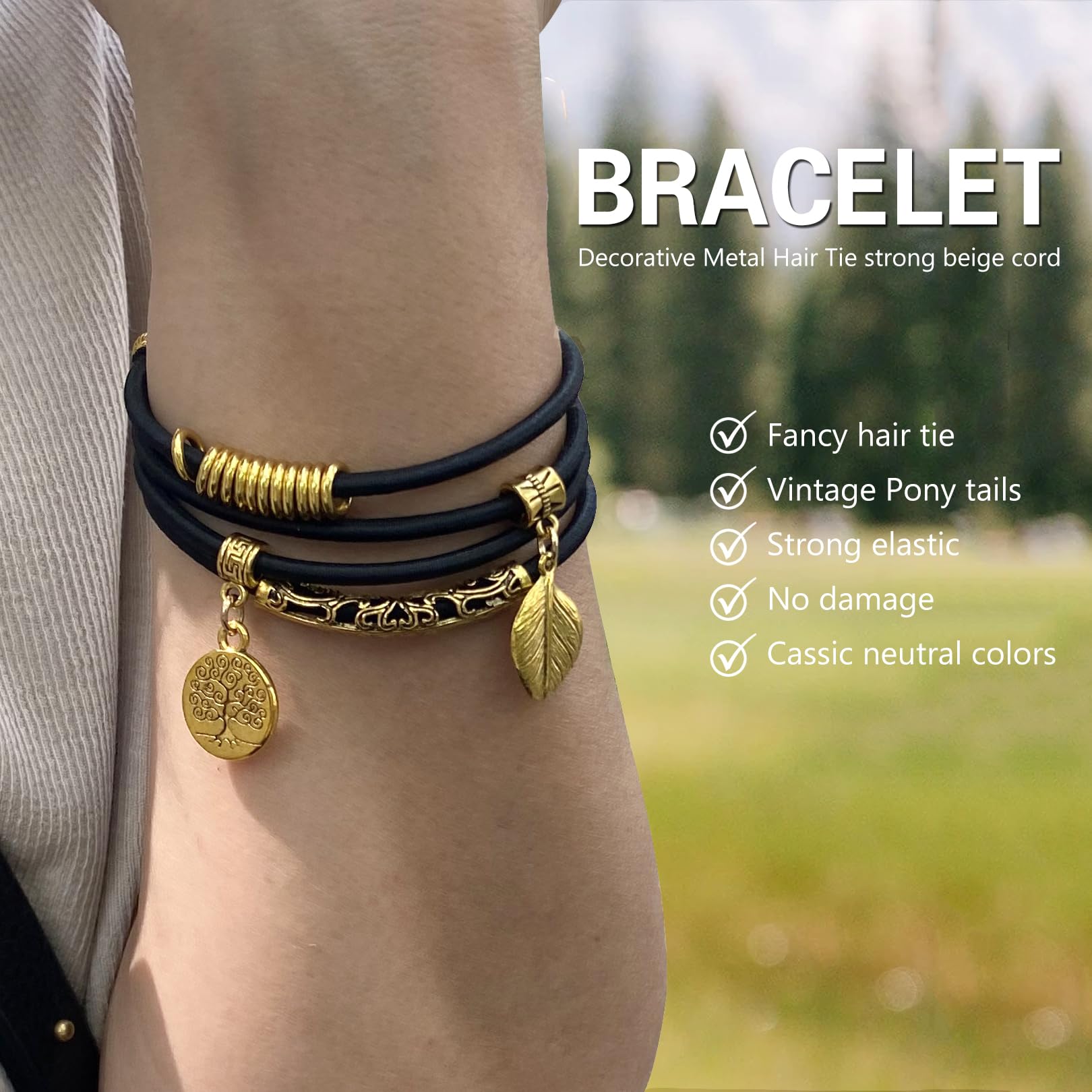 Sisyoup Hair Ties Boho Bracelets For Women, 5 Count - Black + Vintage Gold, Hair Accessories For Girls With Gold Jewelry For Gif