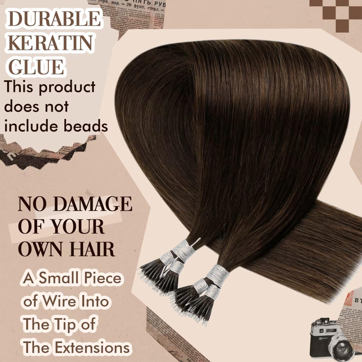 Hetto 20 Inch Nano Beads Brown Hair Extensions Real Human Hair Nano Ring Hair Extensions #4 Dark Brown Nano Link Human Hair Exte