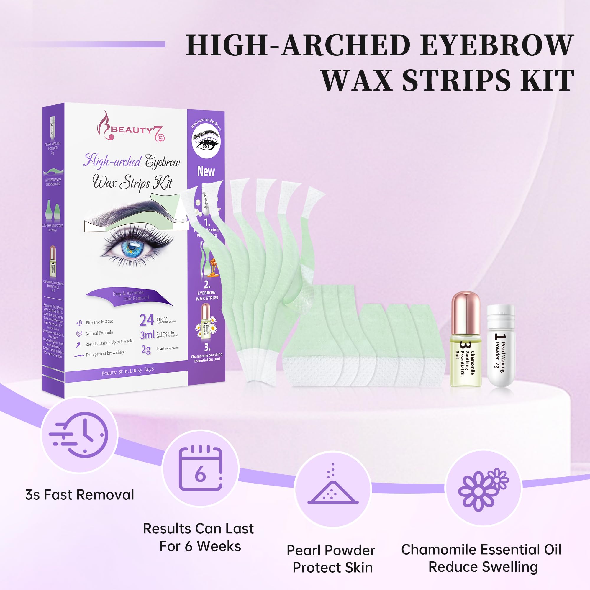 Beauty7 Eyebrow Wax Strips High-Arched Eyebrow Wax Strips Kit Hair Removal At Home Waxing 24 Strips With Pearl Powder Essential