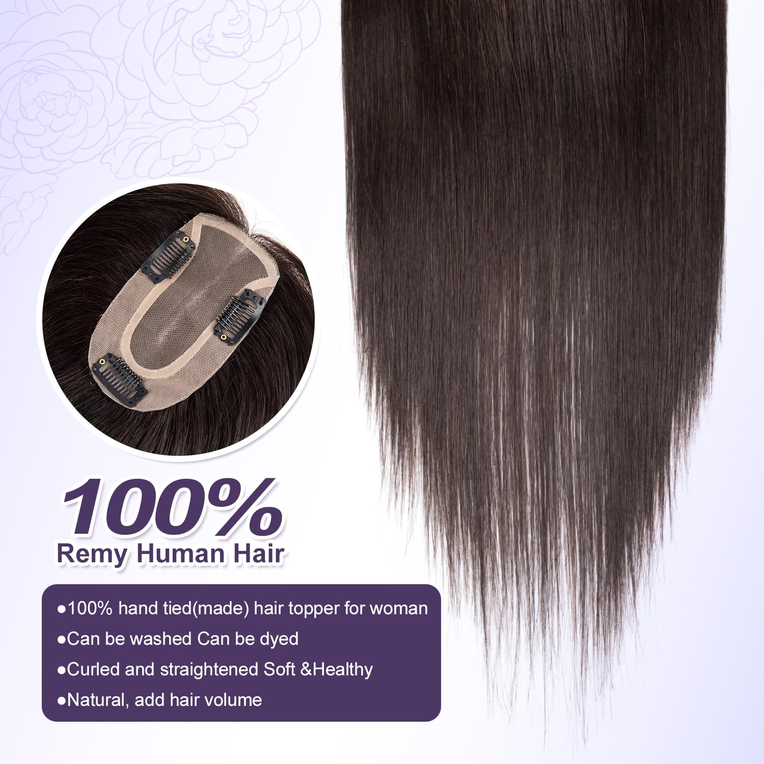 JIAJIA Teresa 10 Inch Human Hair Topper with Bangs,7 * 12CM Full Hand Tied Mono Base Toppers with Bangs Straight Clip in Human H