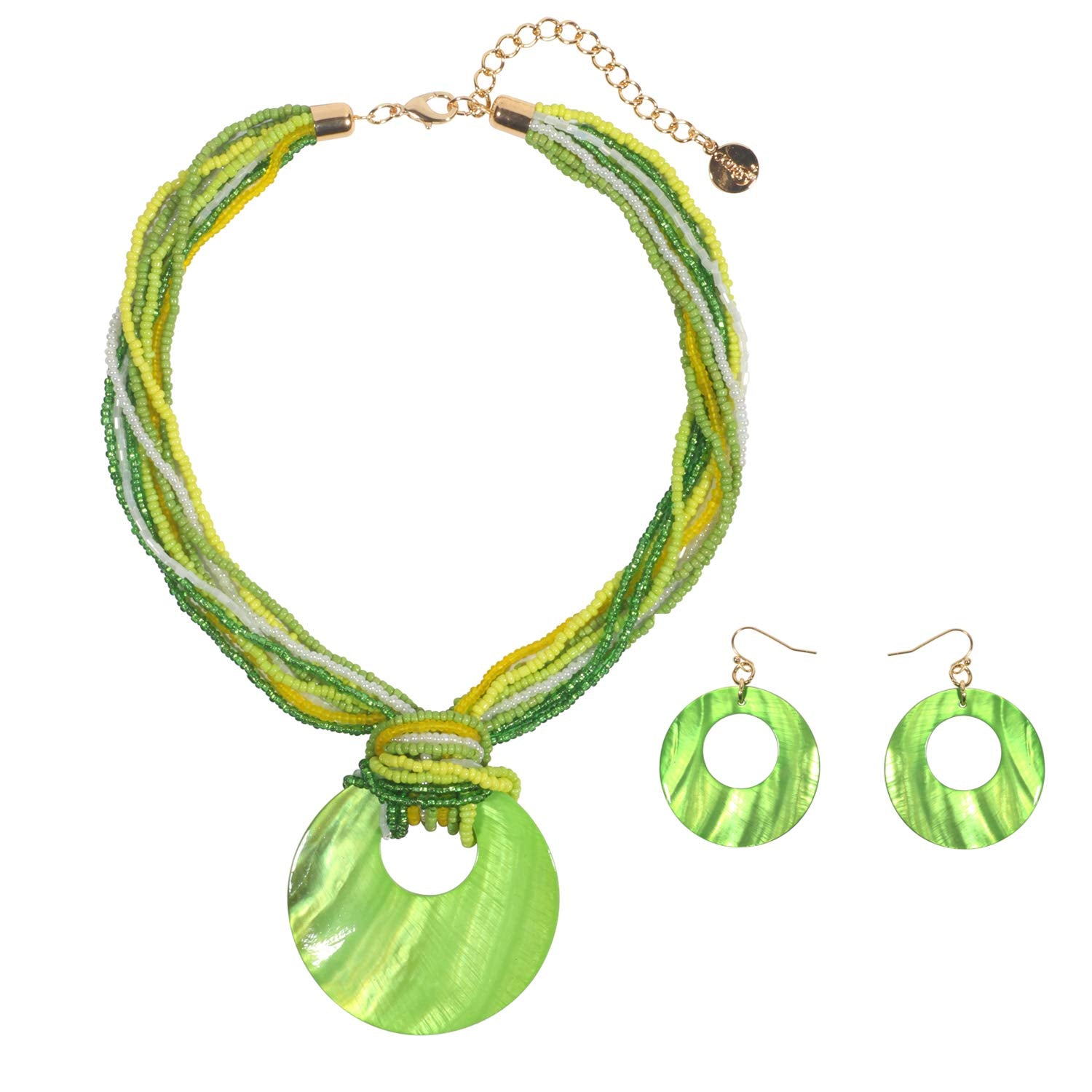 Coiris Multi Strand Statement Colorful Beaded Necklace with Big Circle Shell Pendant for Women (N0055-Jasmine Green)
