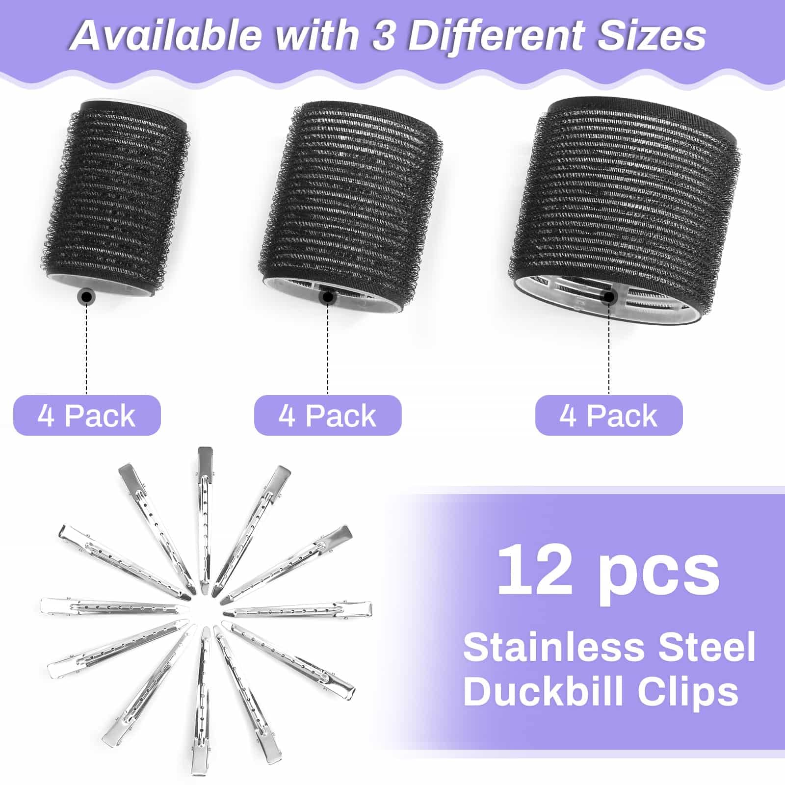 Self Grip Hair Rollers Curlers 24 Pcs Set with 12Pcs Hair Rollers 3 Sizes (4 Jumbo, 4 Large & 4 Medium) and 12 Pcs Hair Clips fo