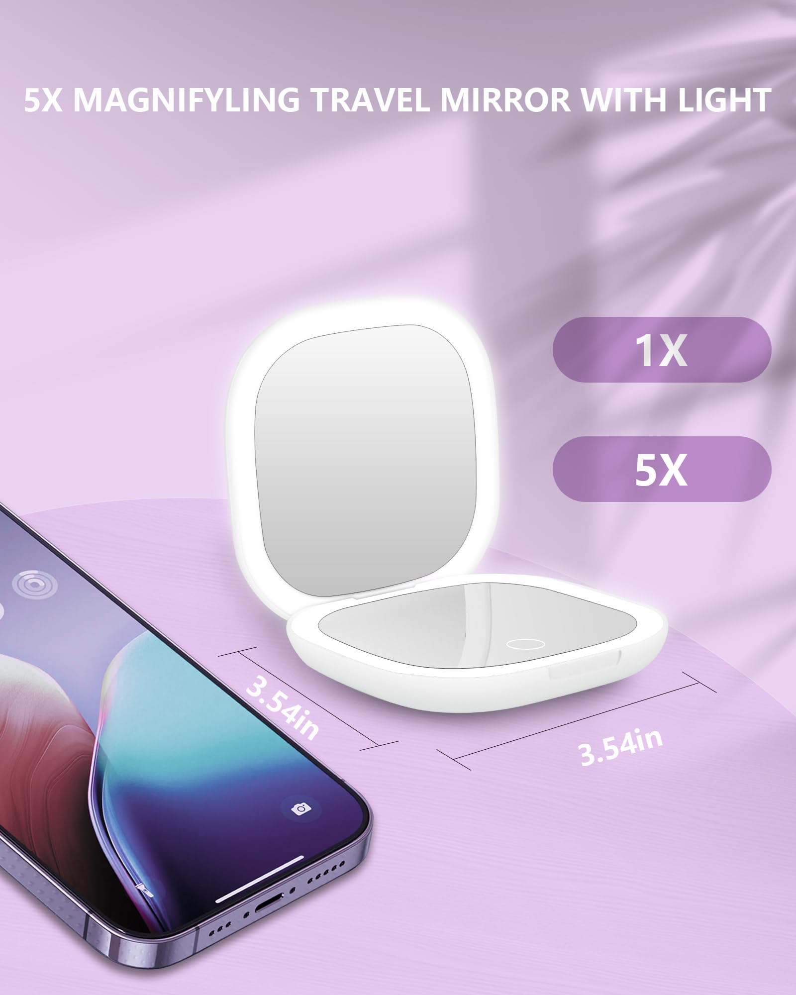 Dec.Metu Compact Mirror, 1X/5X Magnification Pocket Travel Makeup Mirror With Lights For Purse Rechargeable Small Handheld Mirro
