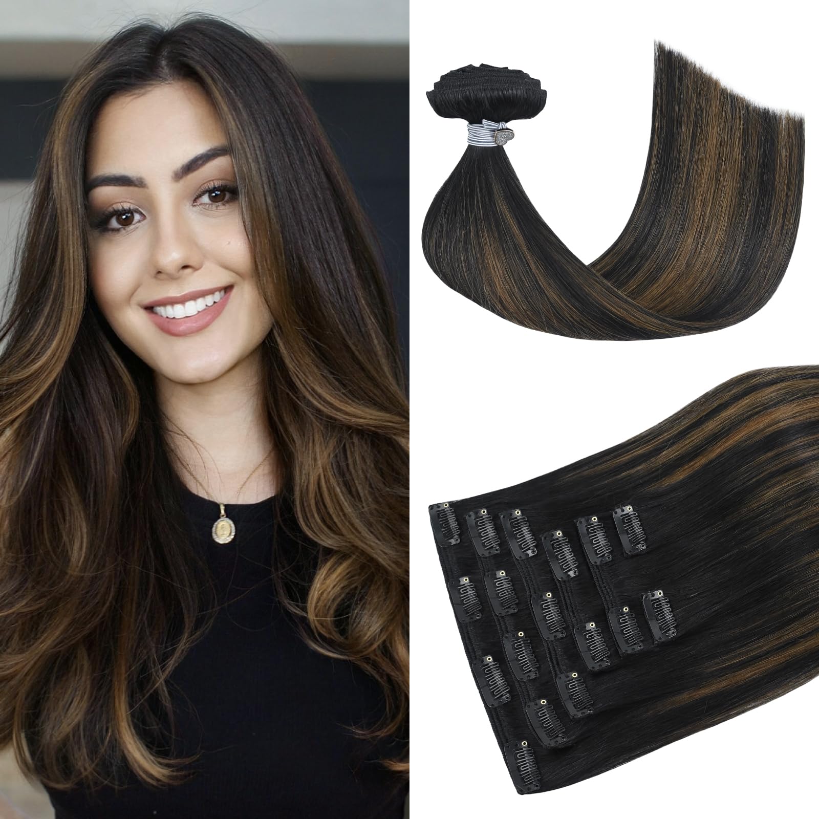 HUAYI Clip in Human Hair Extensions Ombre Natural Black to Chestnut Brown Highlight Black 120g Thicken Double Weft Brazilian Hai