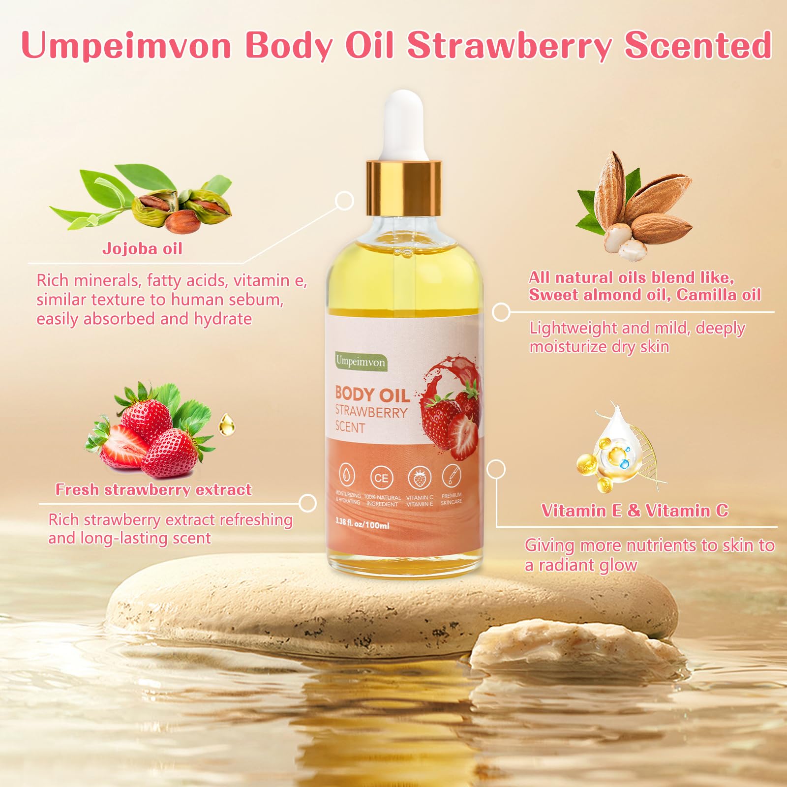 Umpeimvon 2 Pack 3.38 Fl.Oz Strawberry Body Oil After Shower, Vitamin C & E Gua Sha Body Oils Scented Body Oils For Women, Dry B