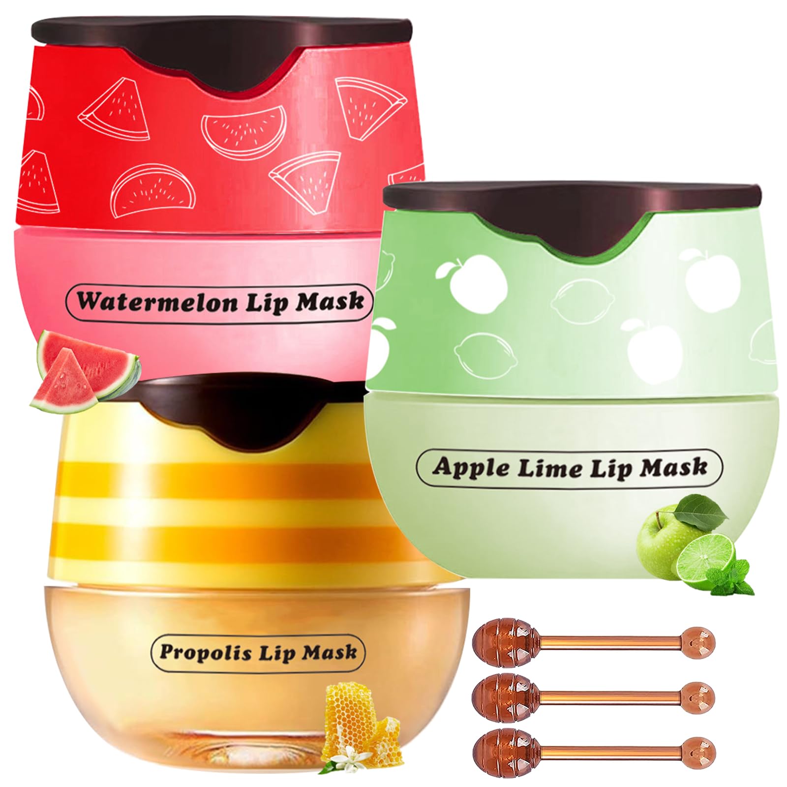 3 Pcs Lip Balm Honey Pot, Honey & Apple Lime & Watermelem Lip Mask Vitamin E & Moisturizing Propolis Sleeping Lip Mask Preventio
