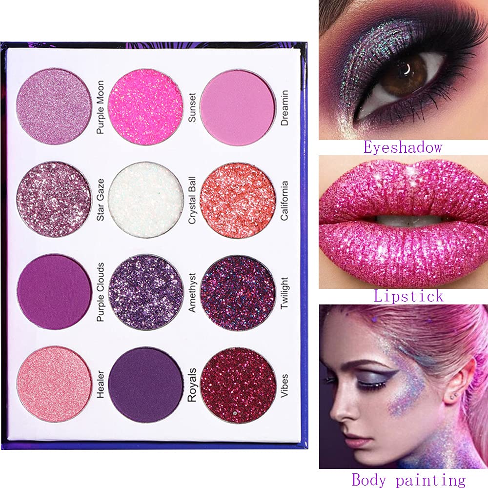Yeweian Purple Pink Glitter Eyeshadow Palette, 12 Colors Shimmer High Pigmented Eyeshadow Powder,Dream Purple Pink Eyeshadow Pal