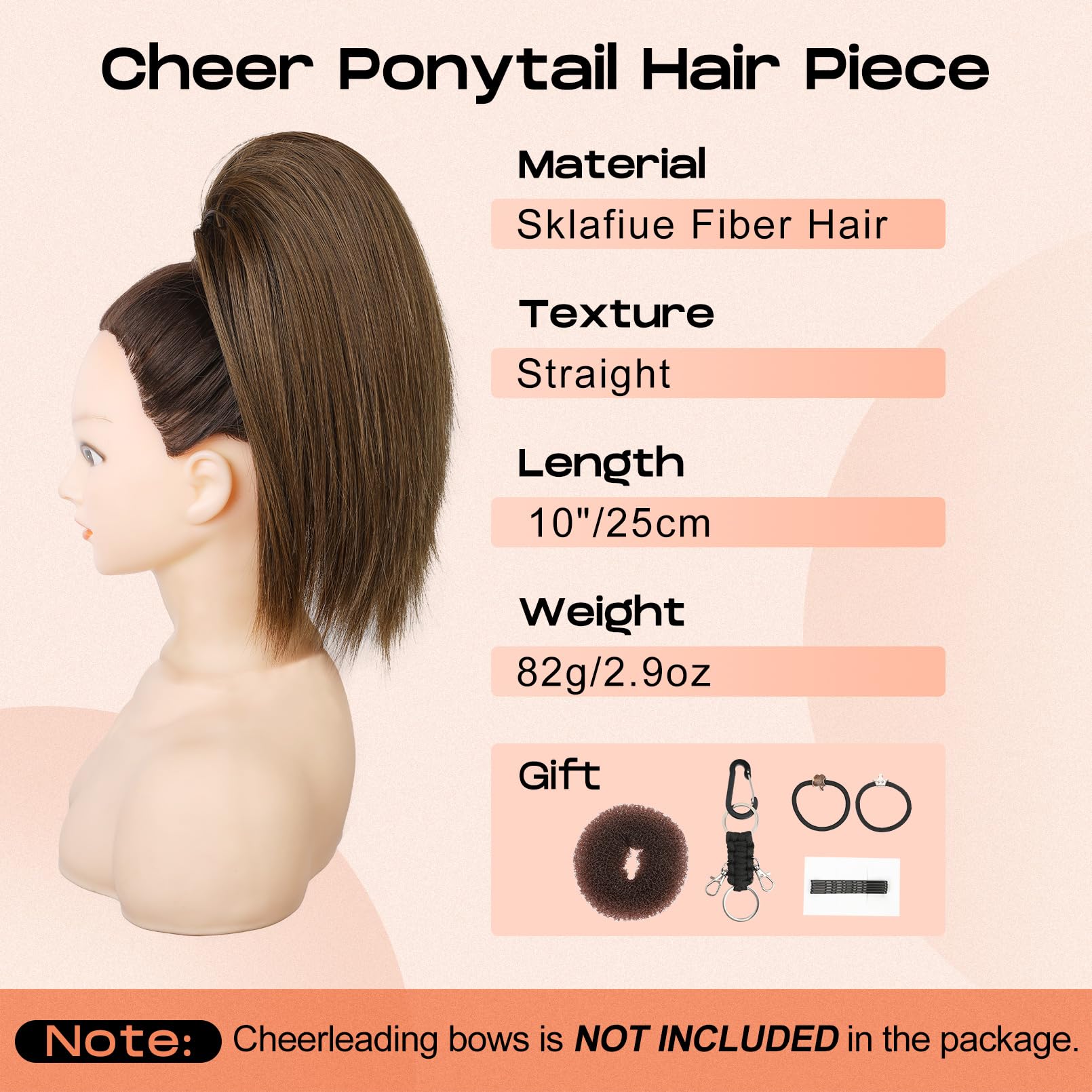 Seikea Cheer Ponytail Hair Piece, 10'' Straight Tangle-Resistant Smooth Natural Cheerleader Hairpiece Ponytail Extension For Che
