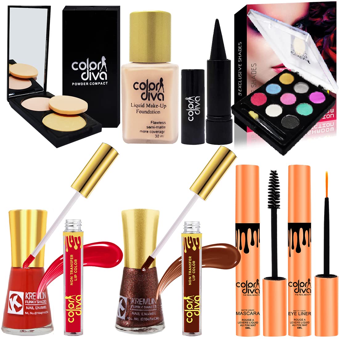 Color Diva Combo Pack Of 10 | Foundation,Compact Powder, EyeLiner, Mascara, Lipstick, Nail Paint, Kajal, EyeShadow| Complete S