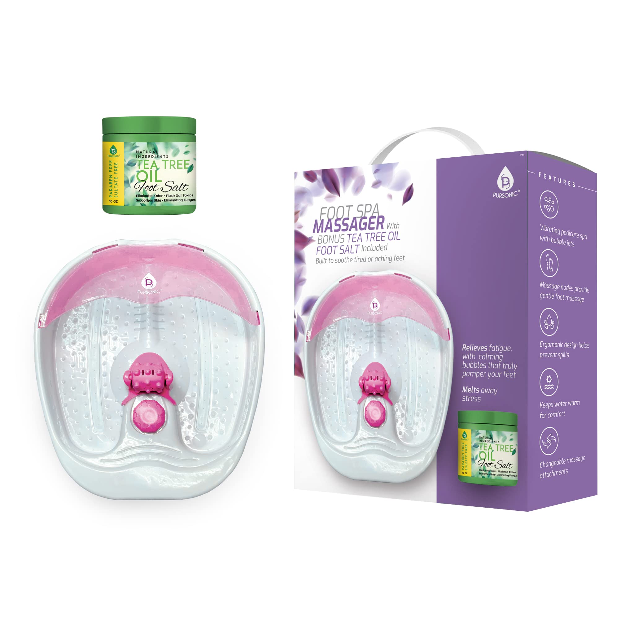 Pursonic Foot Spa Massager with Vibrating Bubbles & Tea Tree Oil Foot Salt Scrub with Epsom Salt 10oz Gift Set, Melts Away Stres