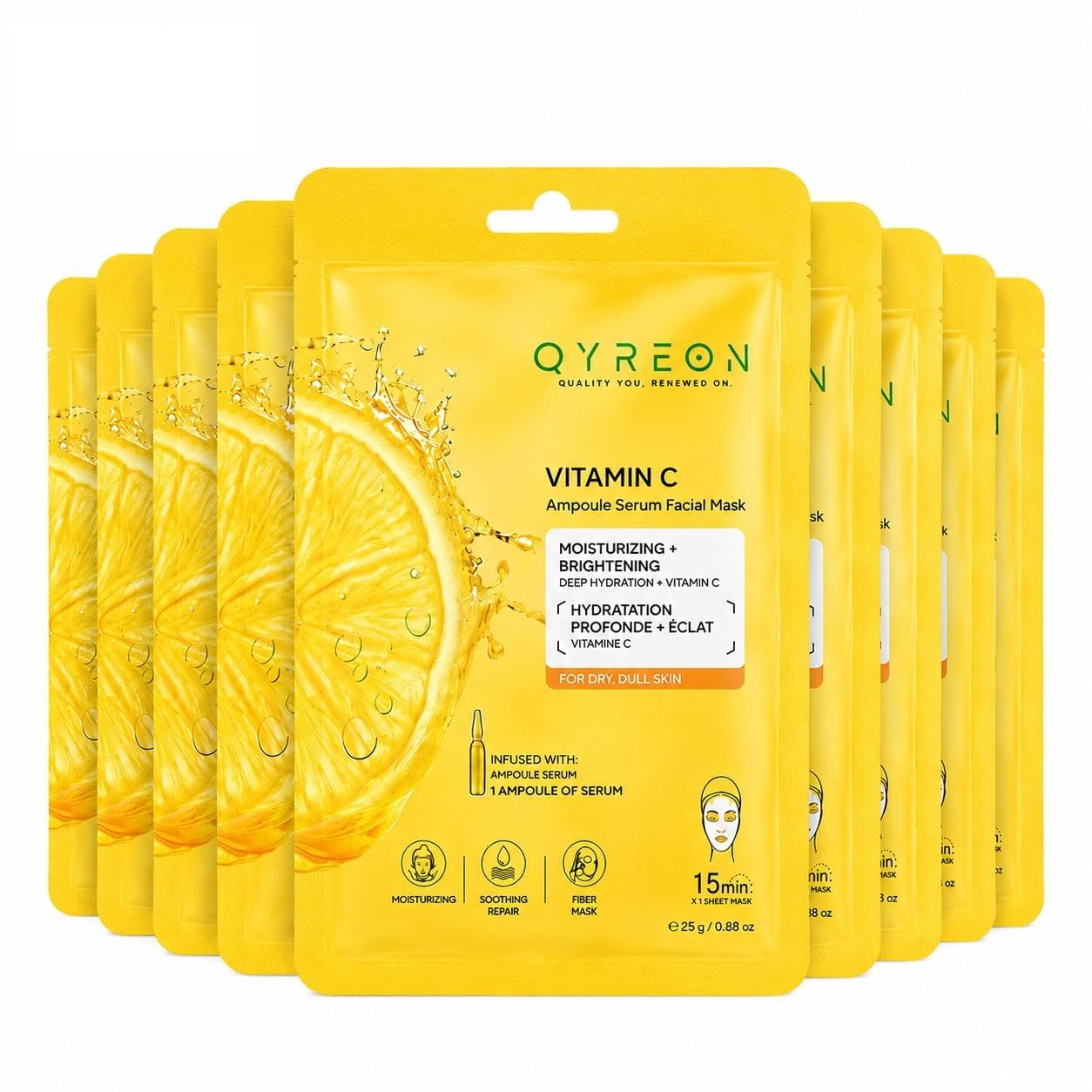 QYREON Vitamin C Sheet Mask 10 Pack  Face Masks for Dull and Tired Looking Skin, Serum Infused Hydrating Facial Sheet Masks for