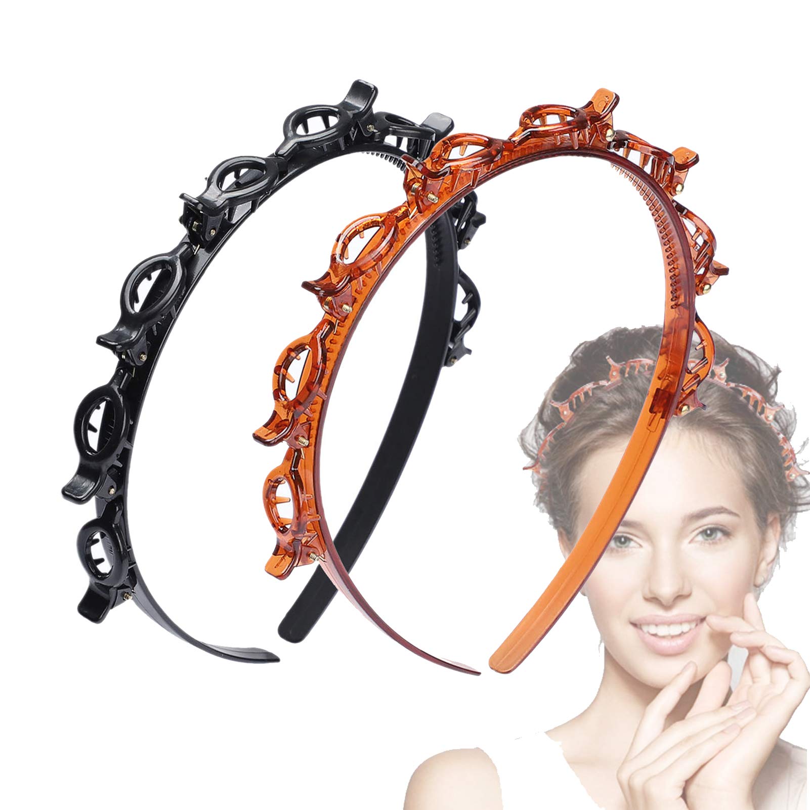 JASSINS 2 Pcs Bangs Hairstyle Hairpin Headband, Professional Weave Bangs Clip, Toothed Headband Braid Tool, Women Girls Fashion 