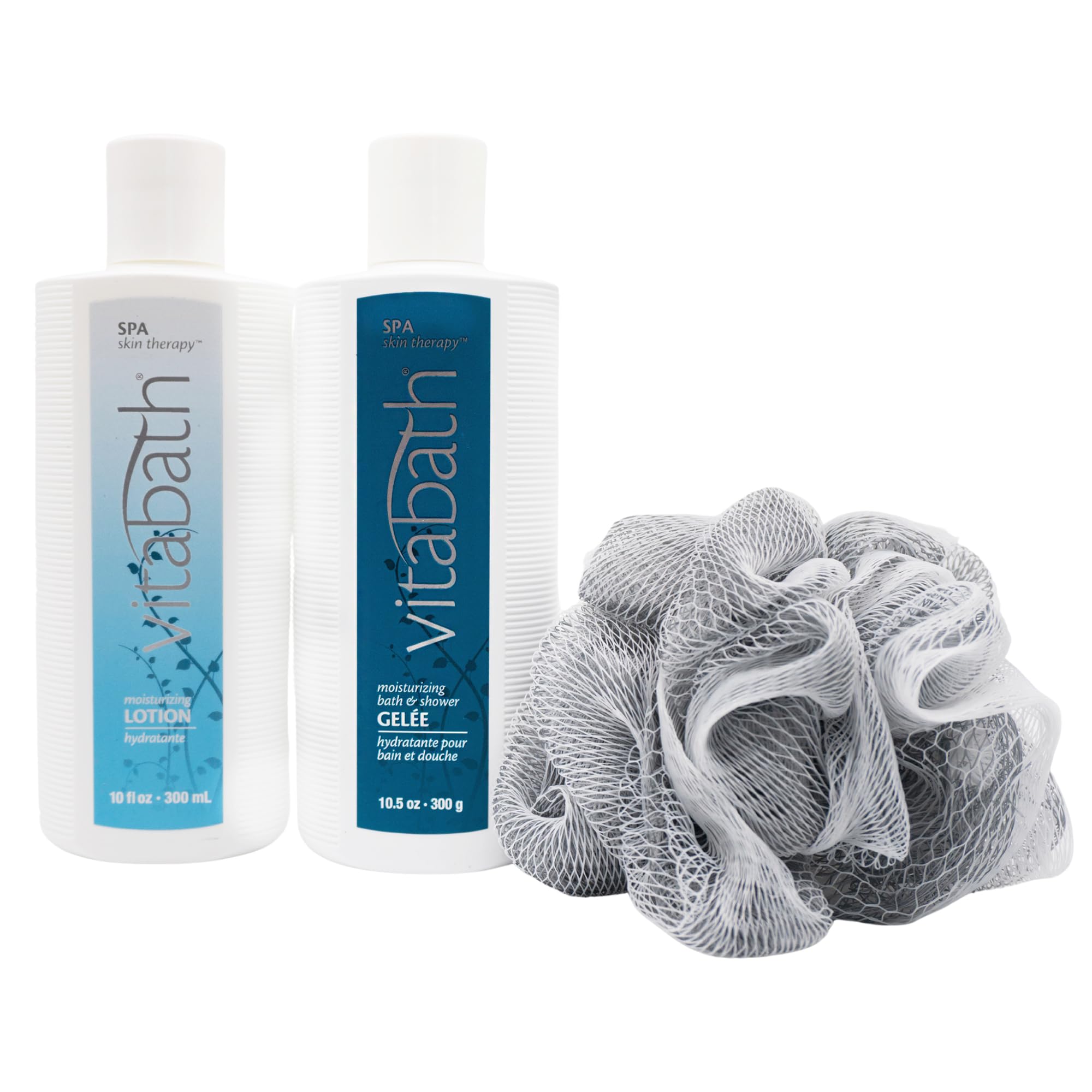 Vitabath Spa Skin Therapy Everyday Skincare Set Moisturizing Shower Gel Wash, Reviving Lotion & Exfoliating Body Scrubber Pouf -