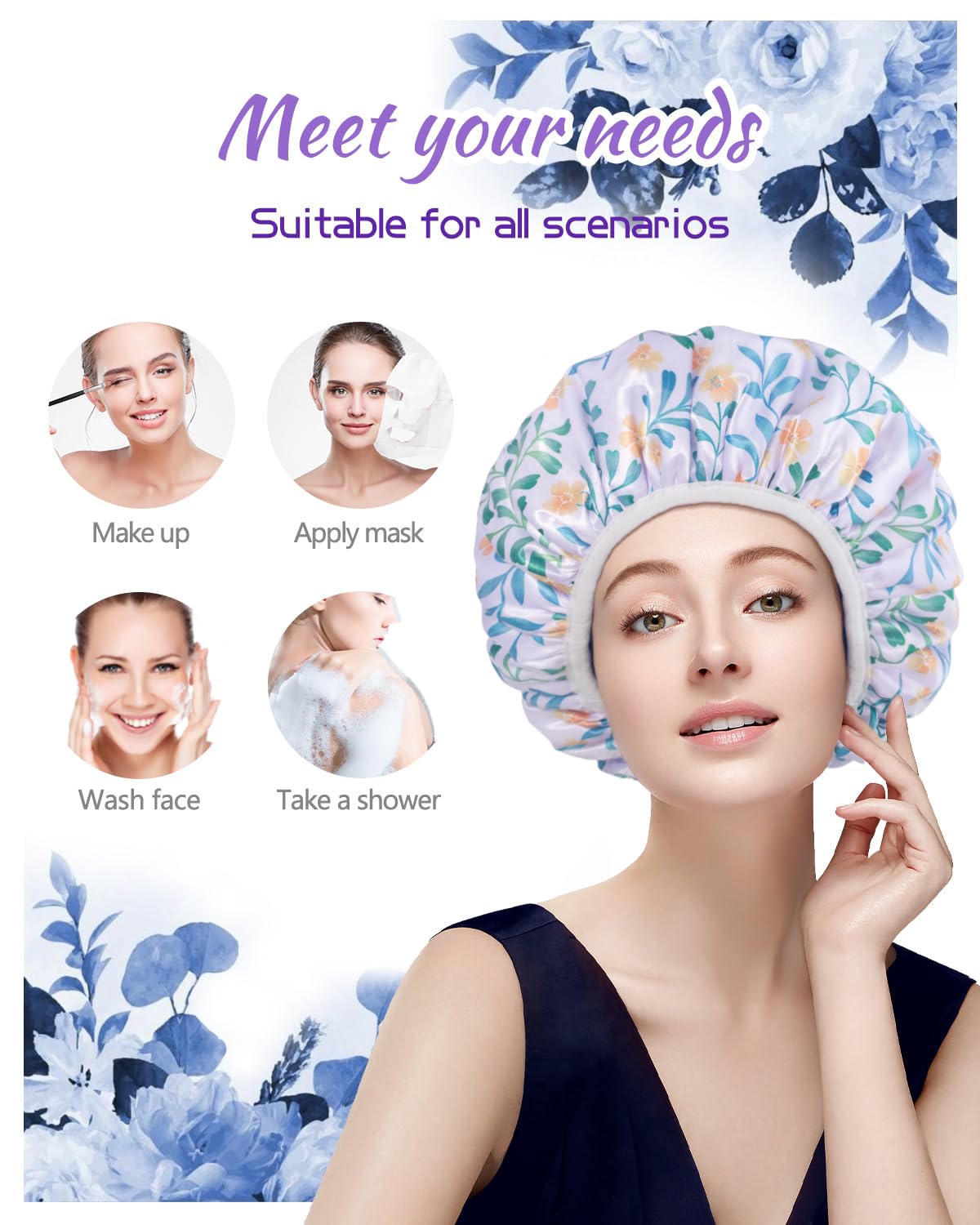 Gootty Shower Cap, Terry Lined Reusable Shower Caps, Large Shower Cap For Women, Waterproof Hair Cap Triple Layer Shower Caps Fo