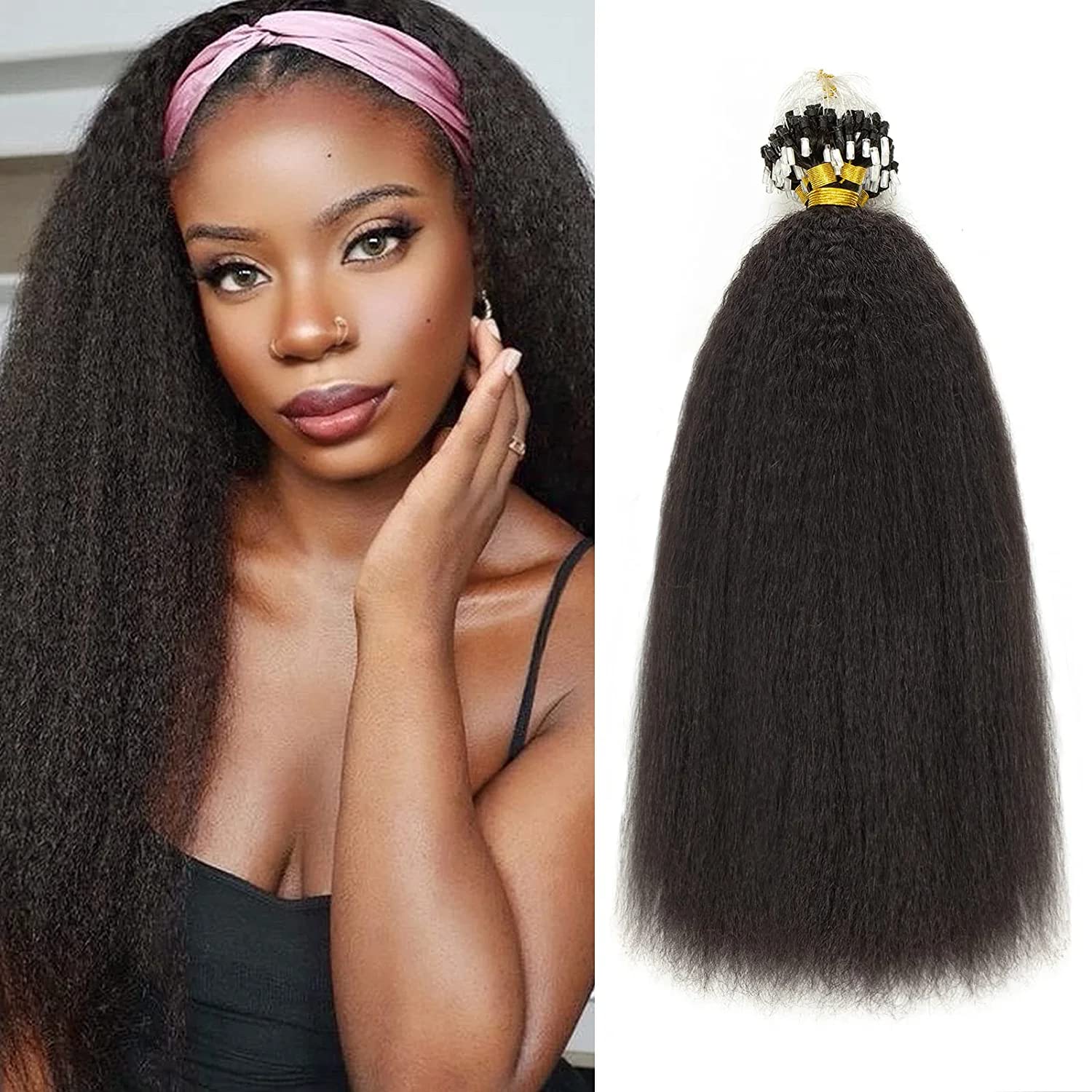 Microlink Hair Extensions Human Hair Kinky Straight 14inch Coarse Straight Natural Color Silky Soft Micro Rings Hair Extensions 