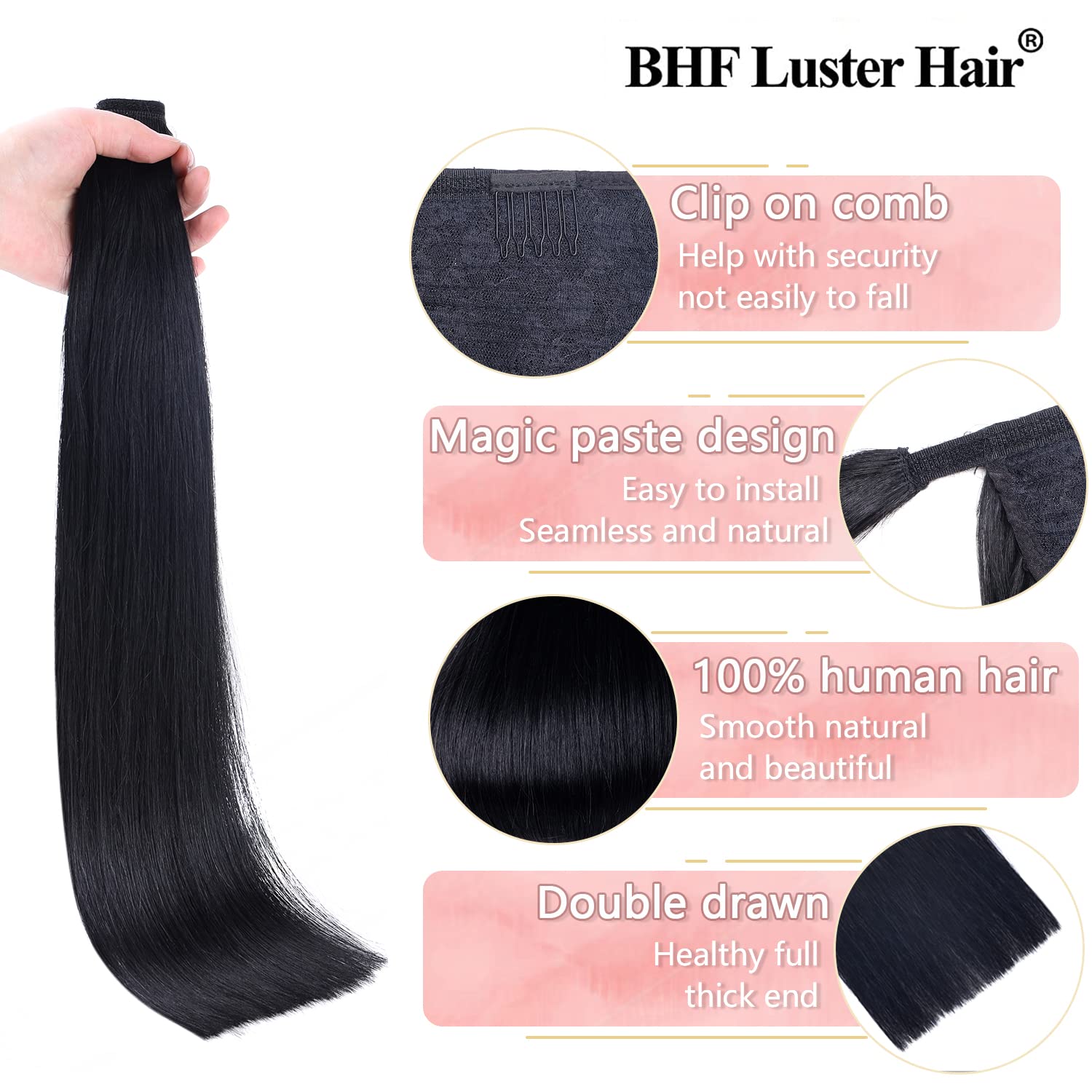 18Human Hair Ponytail Wrap Around Clip in Ponytail Hair Extensions for Women Jet Black(#1) 100g/3.5oz
