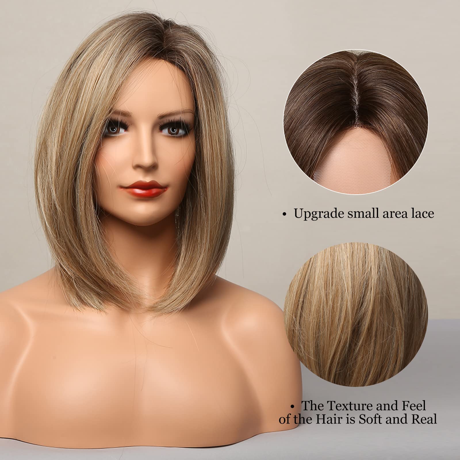 HAIRCUBE Ash Blonde Bob Wig Short Hair Side Parting Wig Hand-Tied Hairline Shoulder Length Ombre Wig Natural Looking Synthetic L