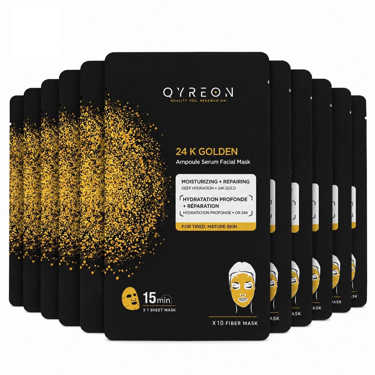 QYREON 24K Gold Sheet Mask 10 Pack  Spa Facial Masks for Glow and Hydration, Serum Infused Face Sheet Masks, Self Care Gift Set